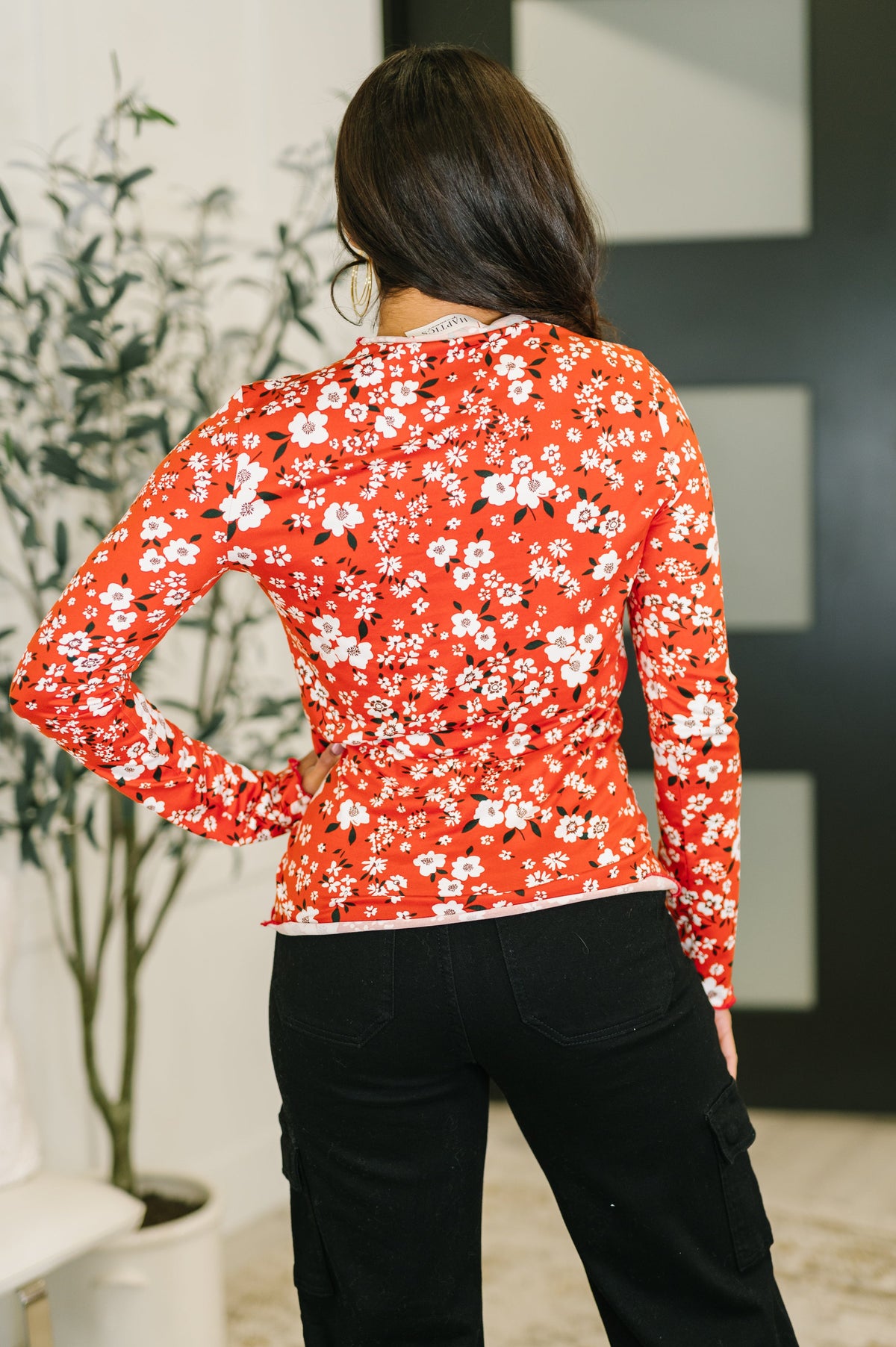 Haptics Somethings in the Air Lettuce Hem Longsleeve Top in Vermillion Womens