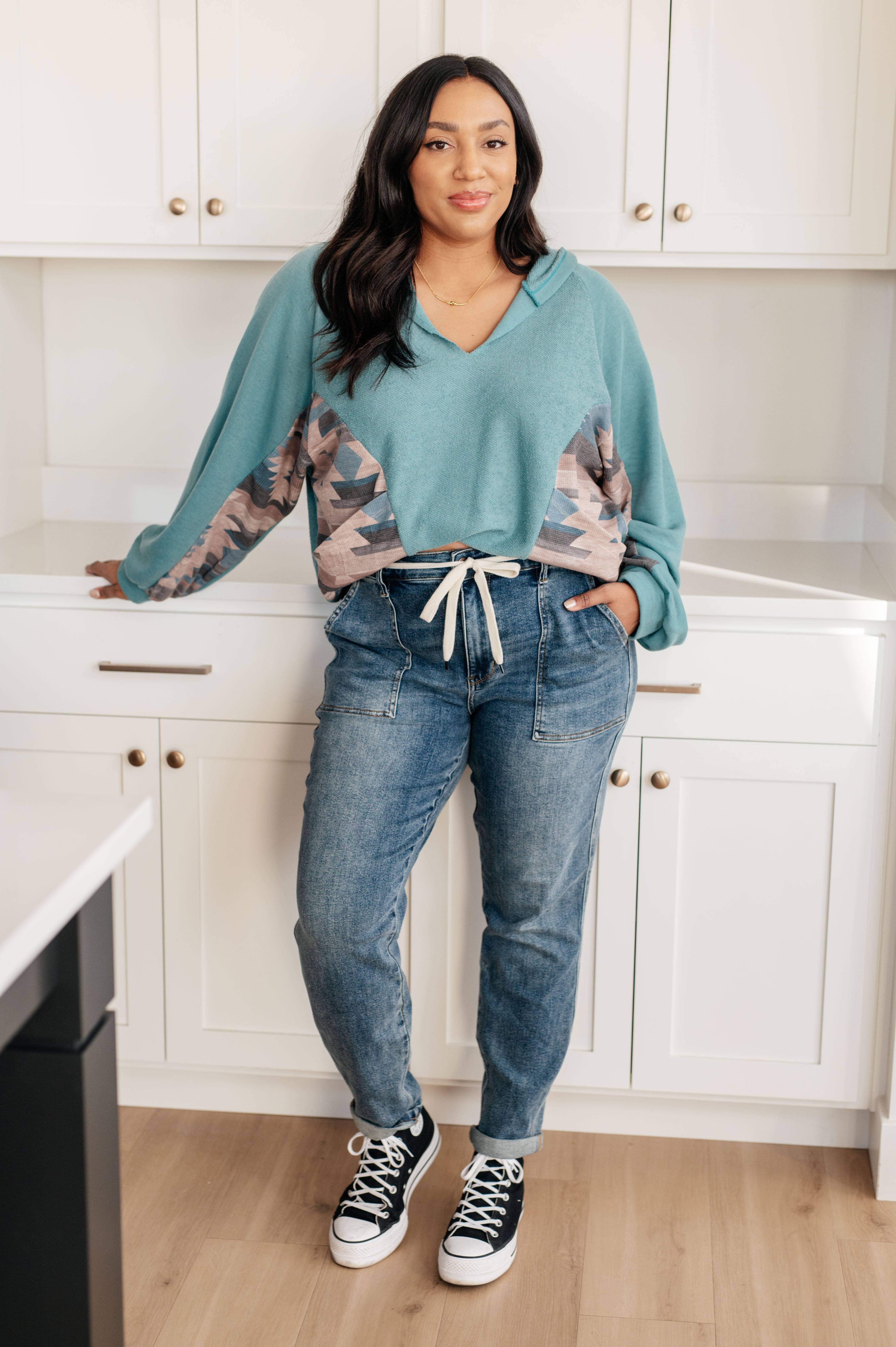 BiBi Southwest Sunrise Patchwork French Terry Hoodie Tops