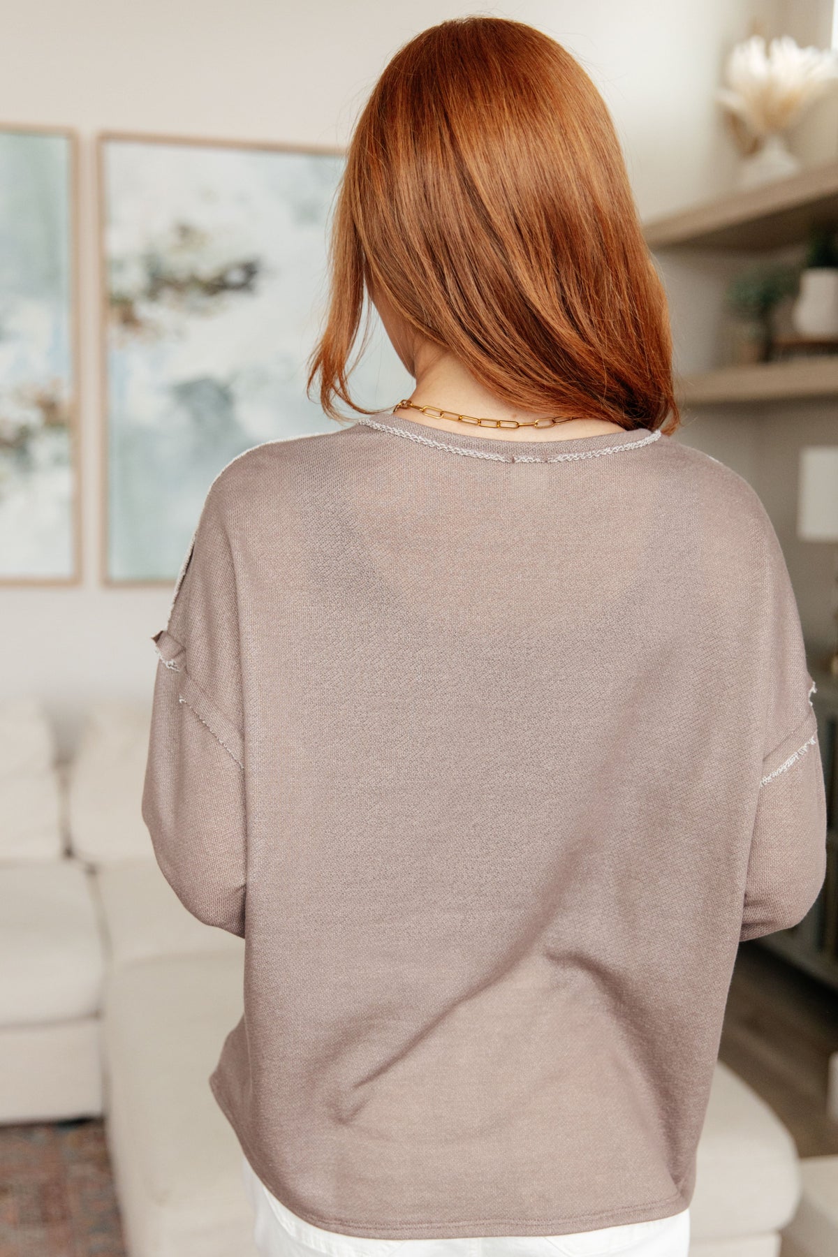 Sew in Live Spring In My Step V-Neck Mocha French Terry Pullover Tops