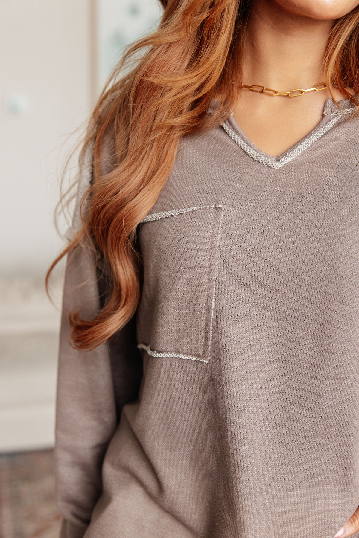 Sew in Live Spring In My Step V-Neck Mocha French Terry Pullover Tops