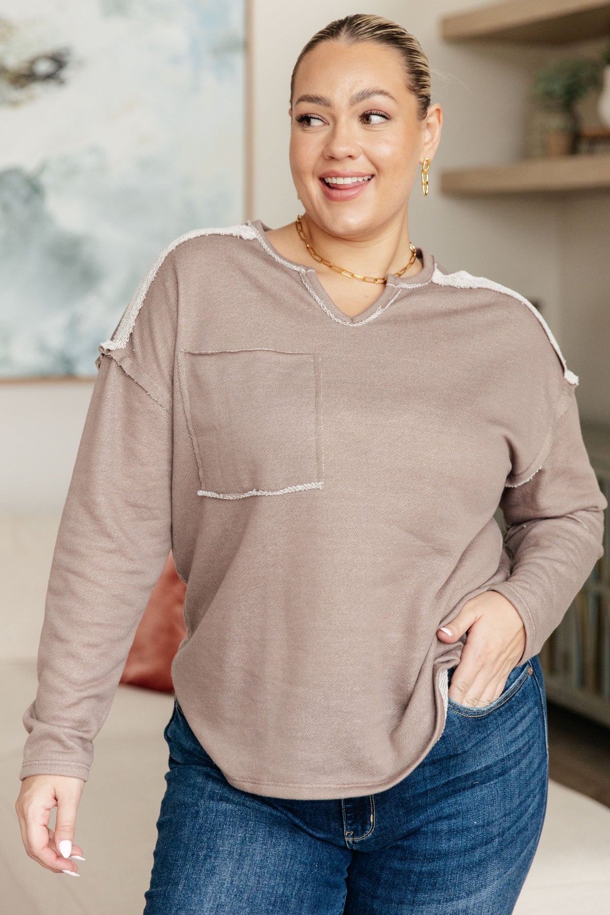 Sew in Live Spring In My Step V-Neck Mocha French Terry Pullover Tops