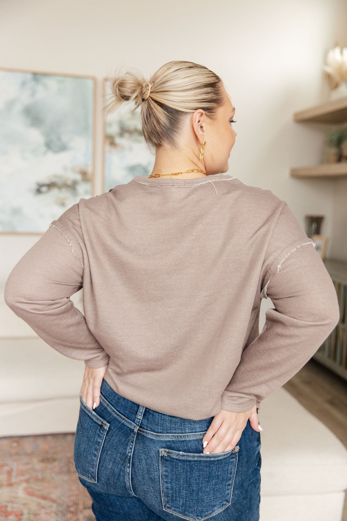Sew in Live Spring In My Step V-Neck Mocha French Terry Pullover Tops