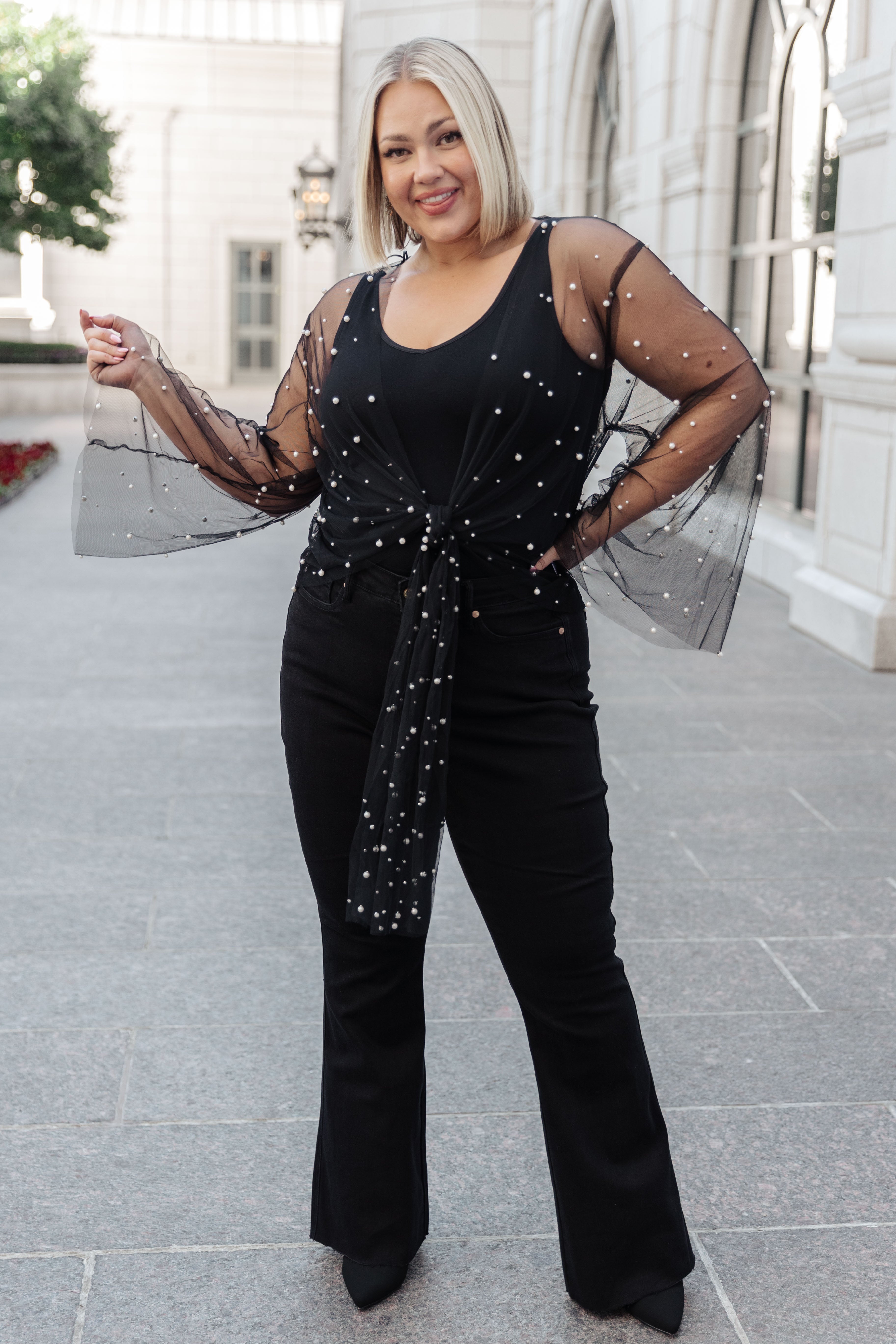 GeeGee Sprinkle of Pearls Sheer Kimono in Black Layers