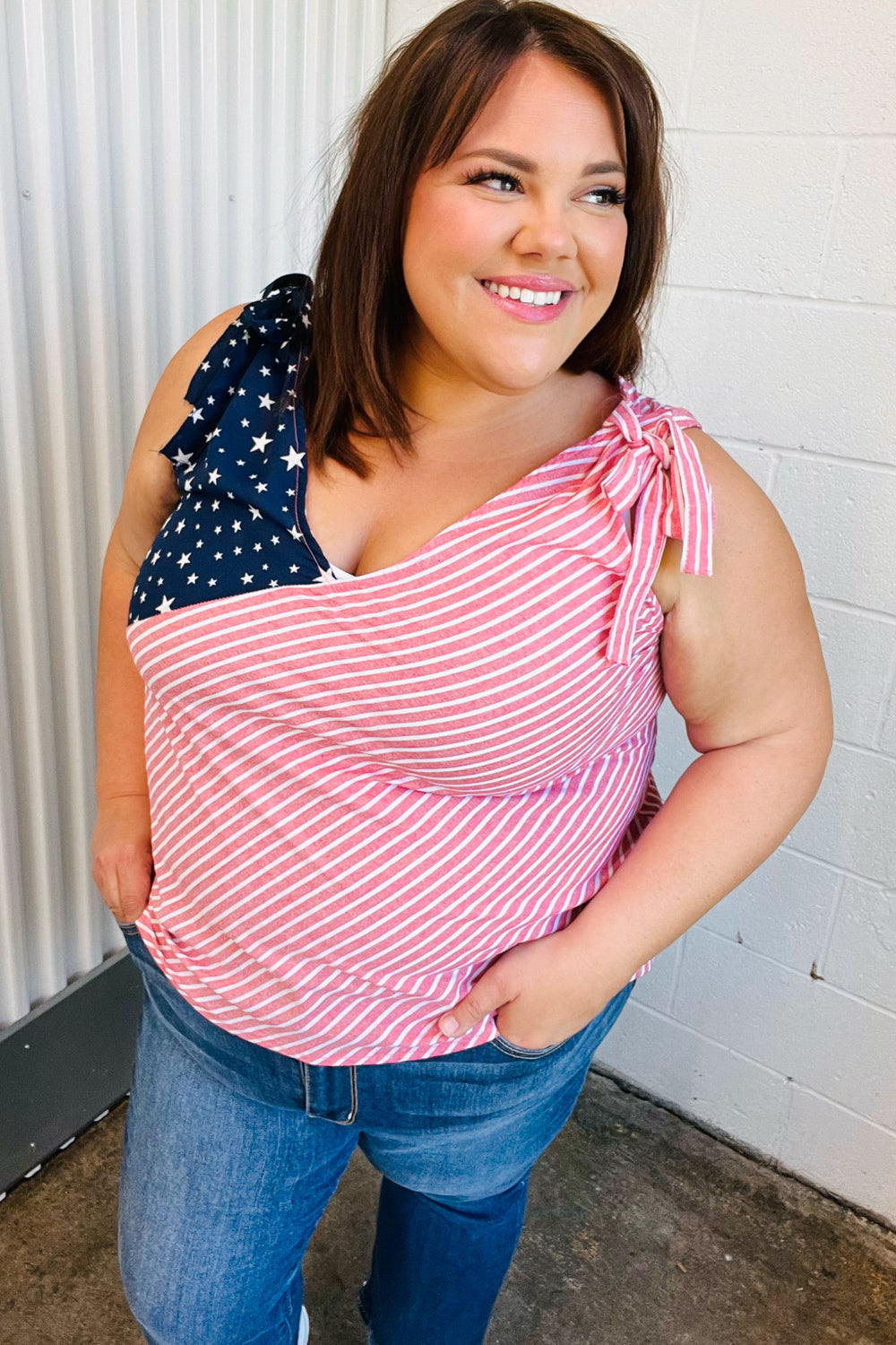 Haptics Stars & Stripes V Neck Shoulder Tie Detail Top