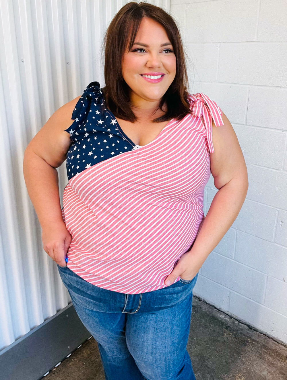 Haptics Stars & Stripes V Neck Shoulder Tie Detail Top