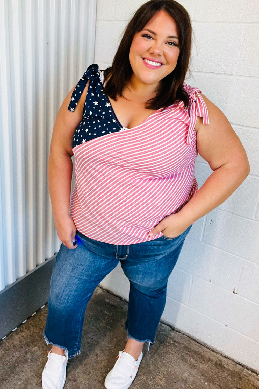 Haptics Stars & Stripes V Neck Shoulder Tie Detail Top