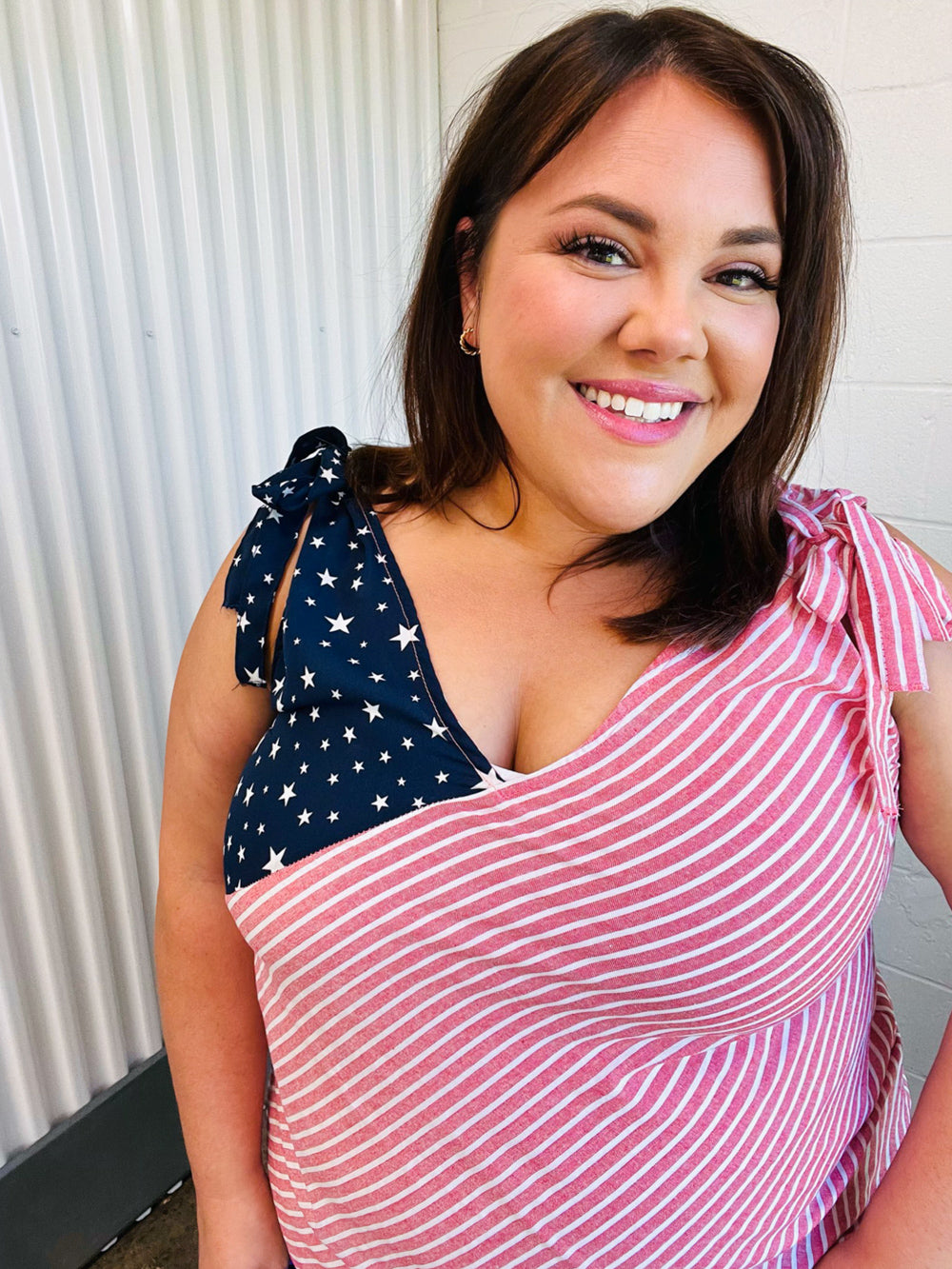 Haptics Stars & Stripes V Neck Shoulder Tie Detail Top