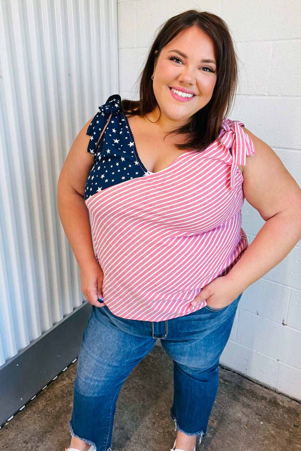 Haptics Stars & Stripes V Neck Shoulder Tie Detail Top