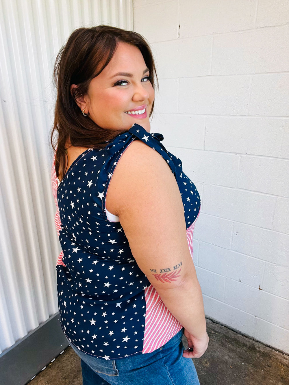 Haptics Stars & Stripes V Neck Shoulder Tie Detail Top