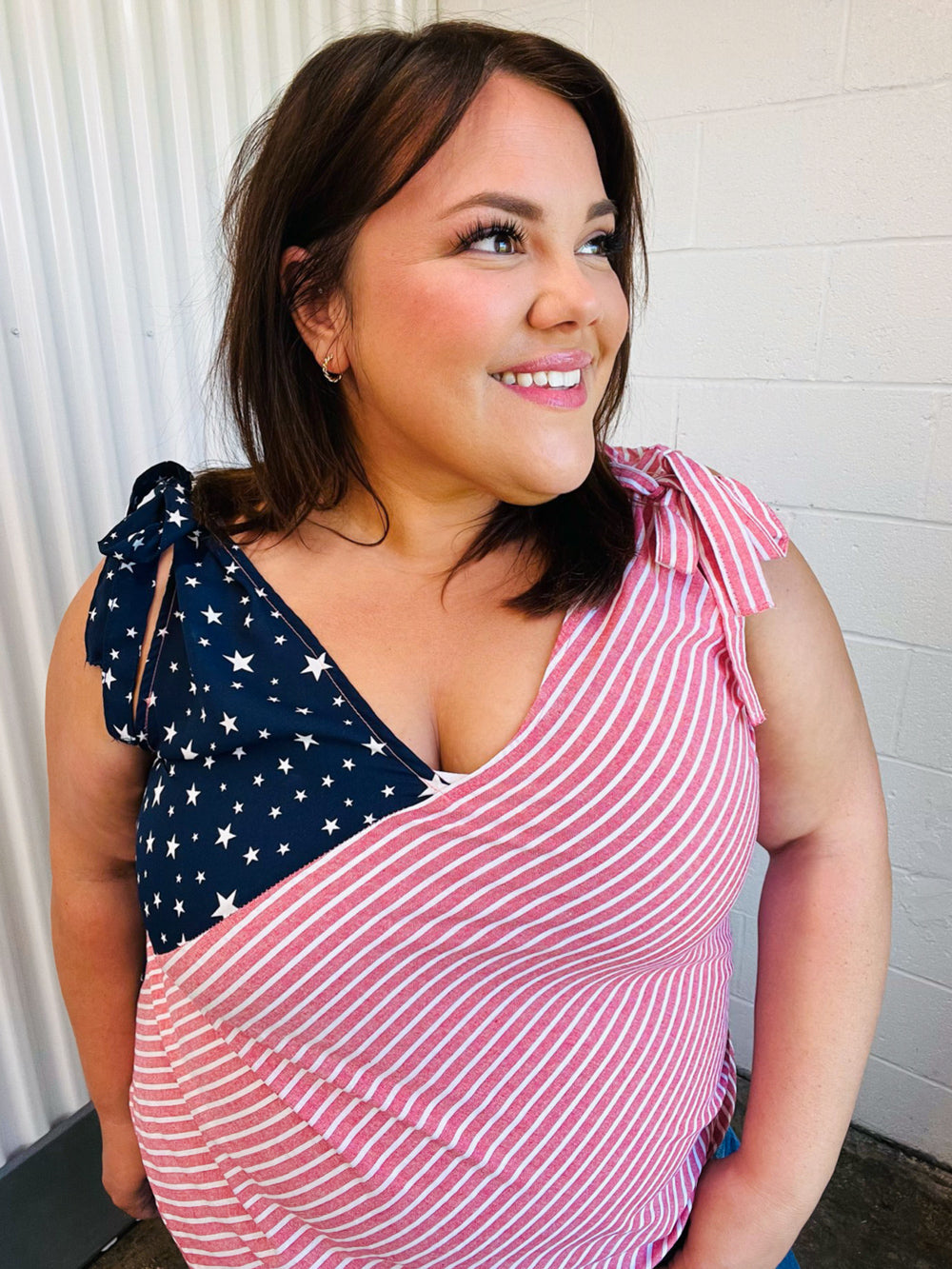 Haptics Stars & Stripes V Neck Shoulder Tie Detail Top