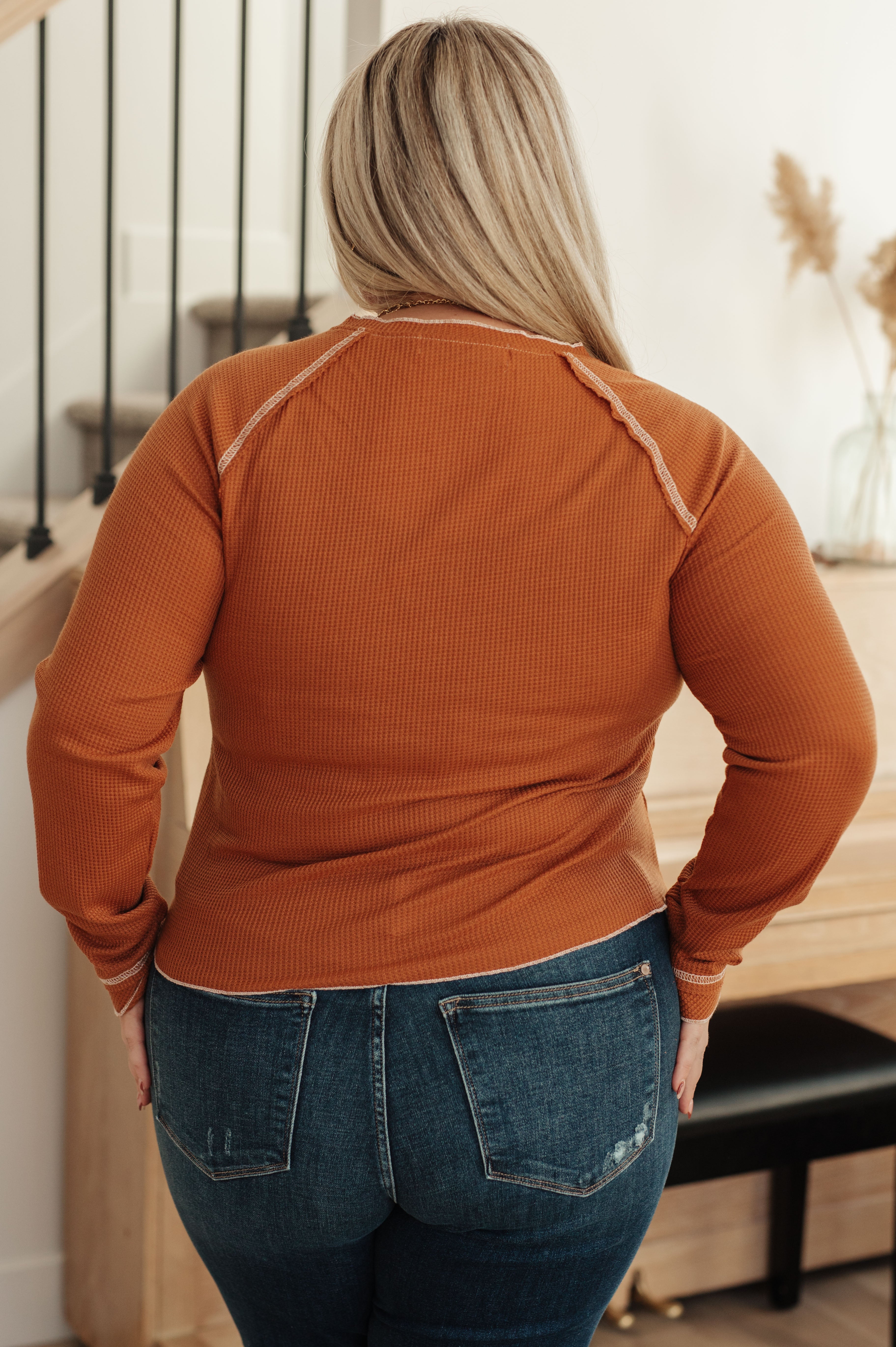 One Eleven North Stitch In Time Waffle Knit Raglan Long Sleeve Top in Rust Tops