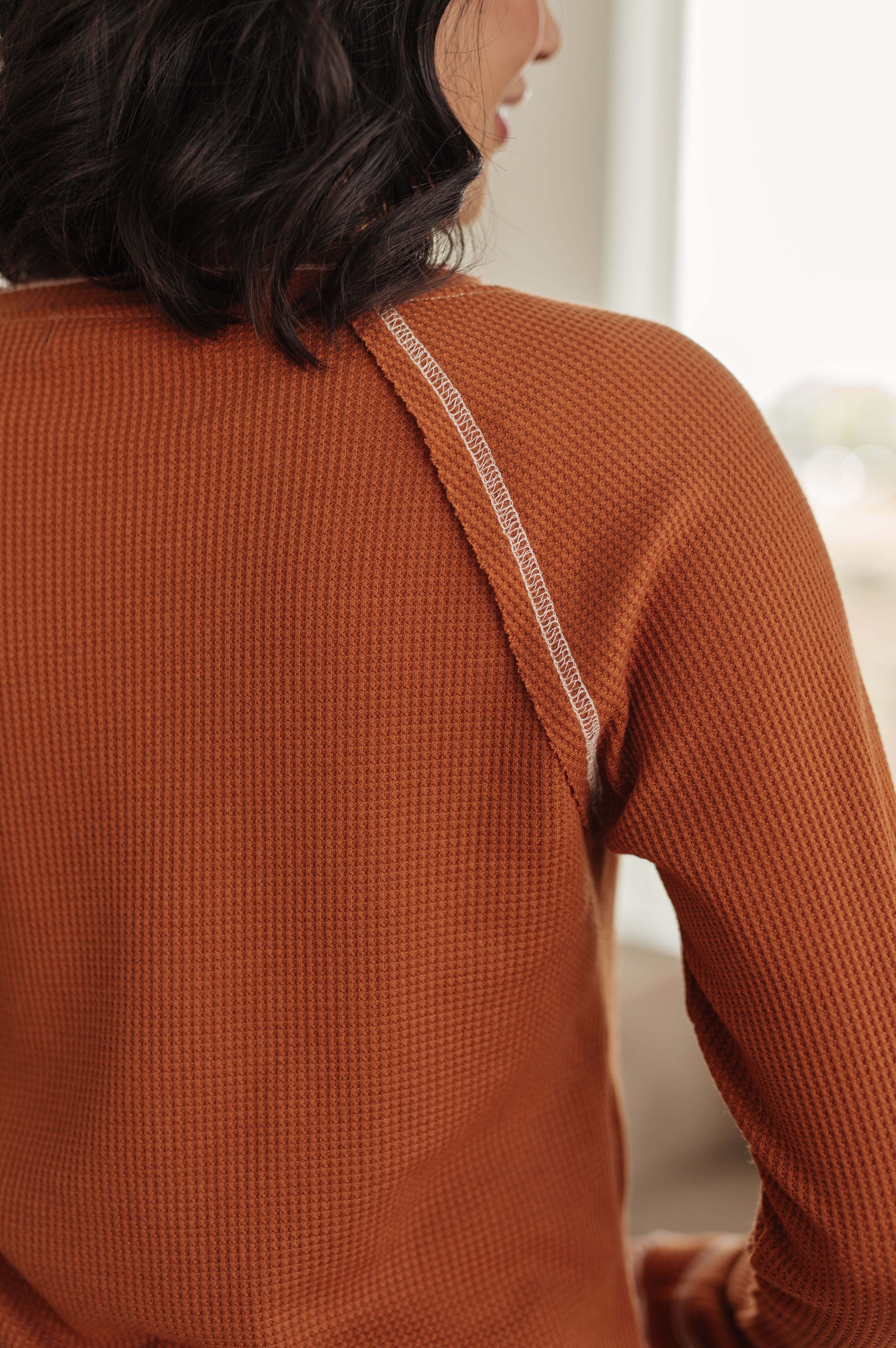One Eleven North Stitch In Time Waffle Knit Raglan Long Sleeve Top in Rust Tops