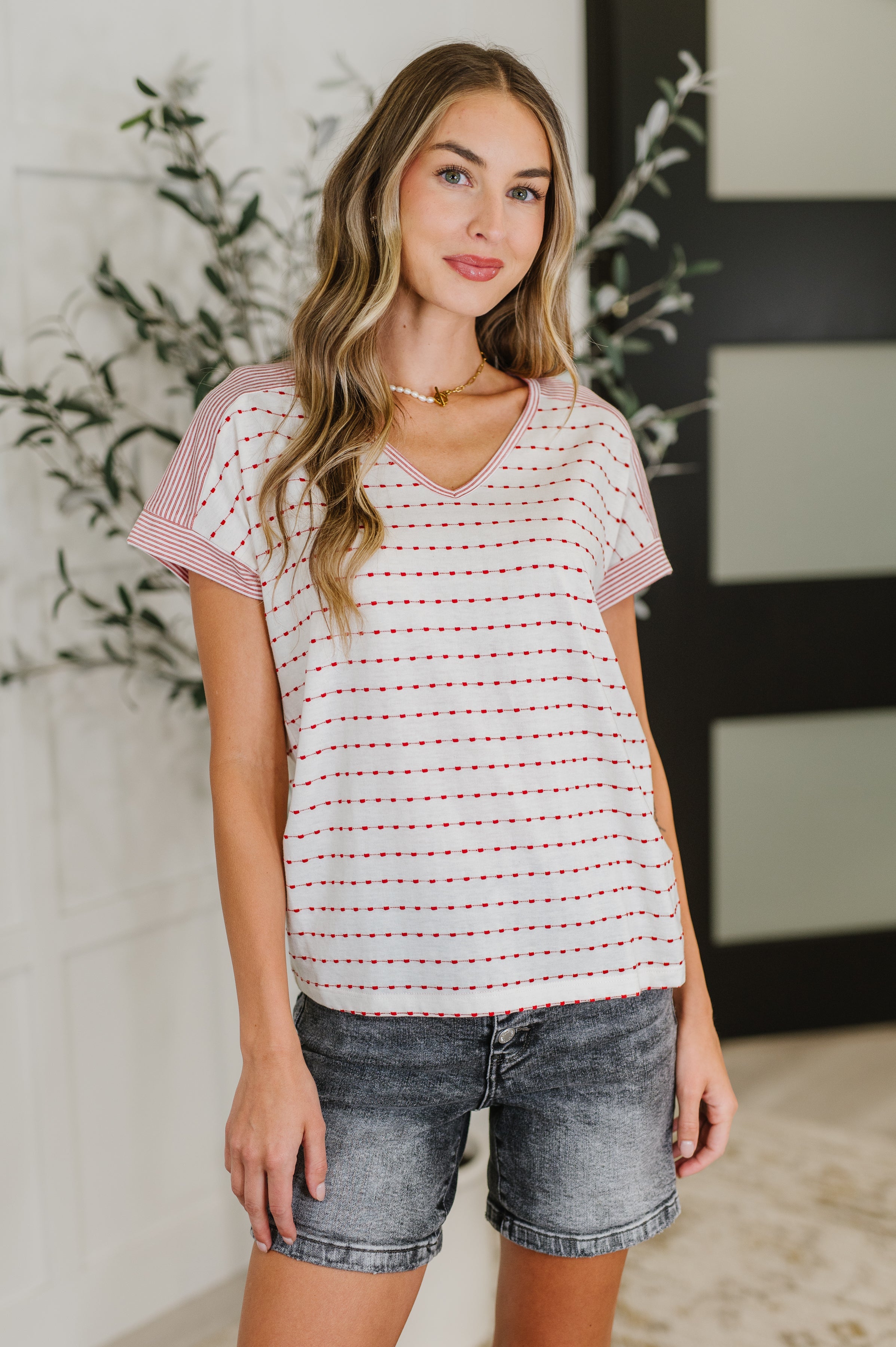 Staccato Stitched with Love V-Neck Top in Ivory and Red Womens