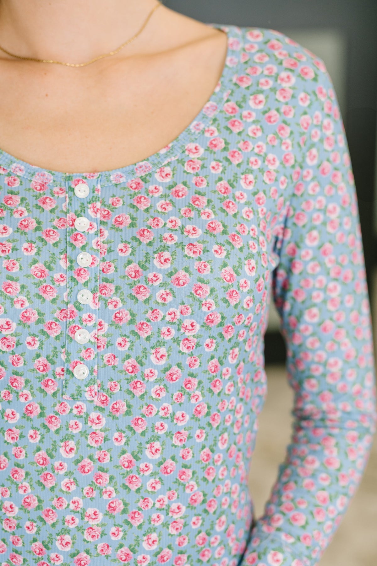 7th Ray Stop and Smell the Flowers Scoop Neck Henley Womens