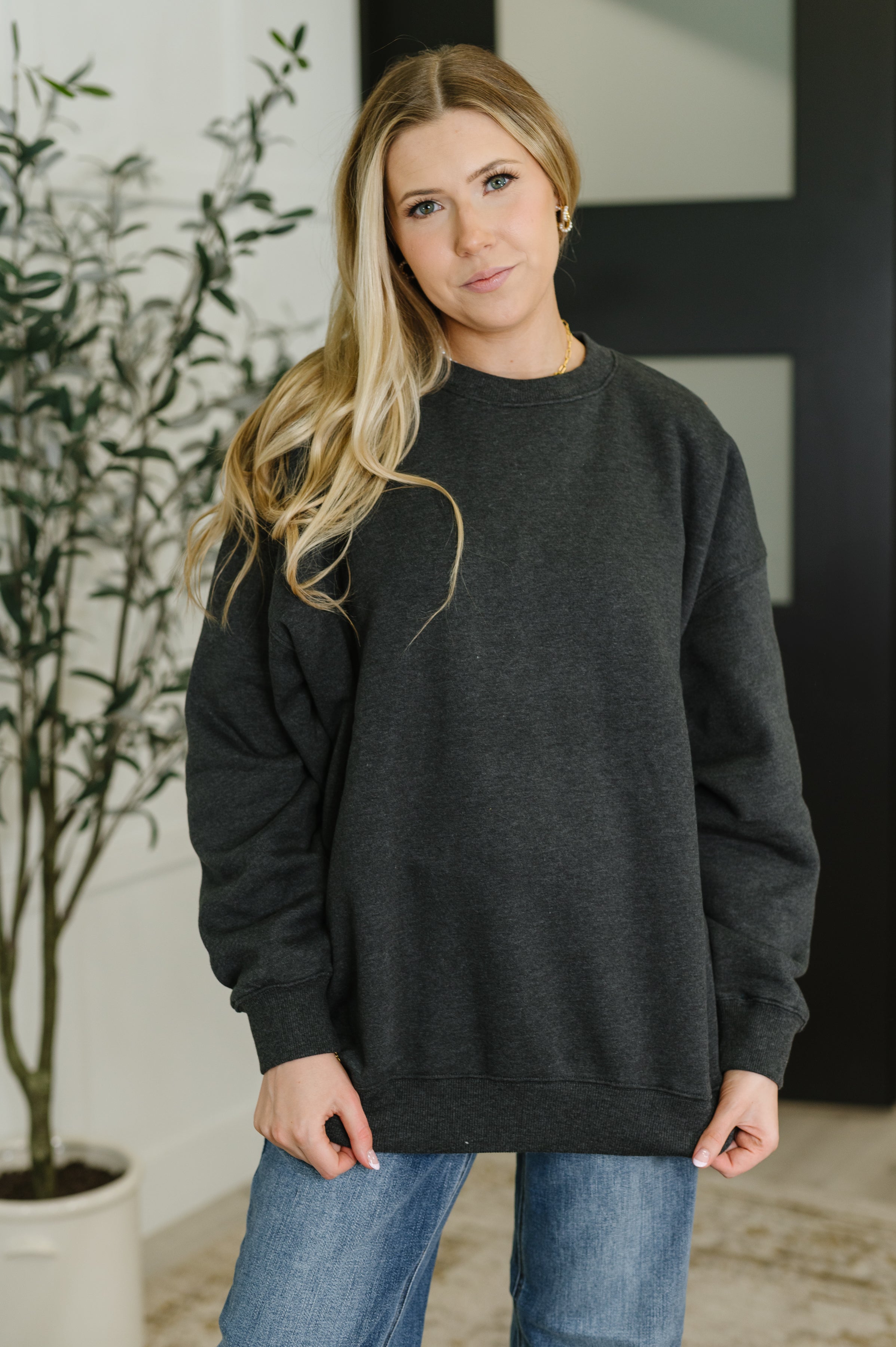 Zenana Sunday Snug Relaxed Pullover in Charcoal Womens