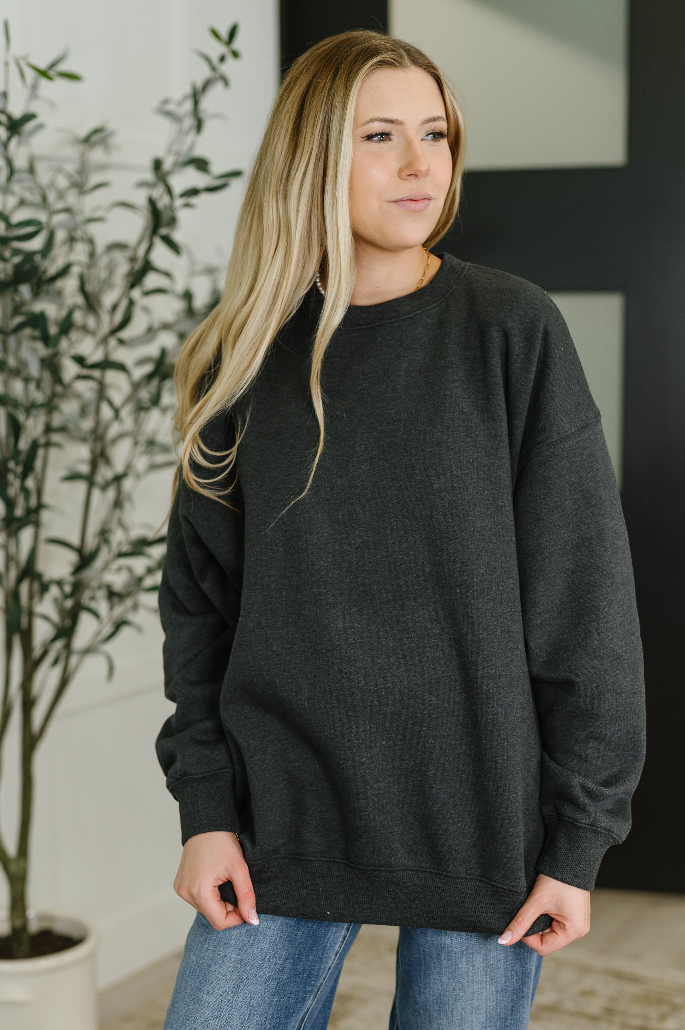 Zenana Sunday Snug Relaxed Pullover in Charcoal Womens