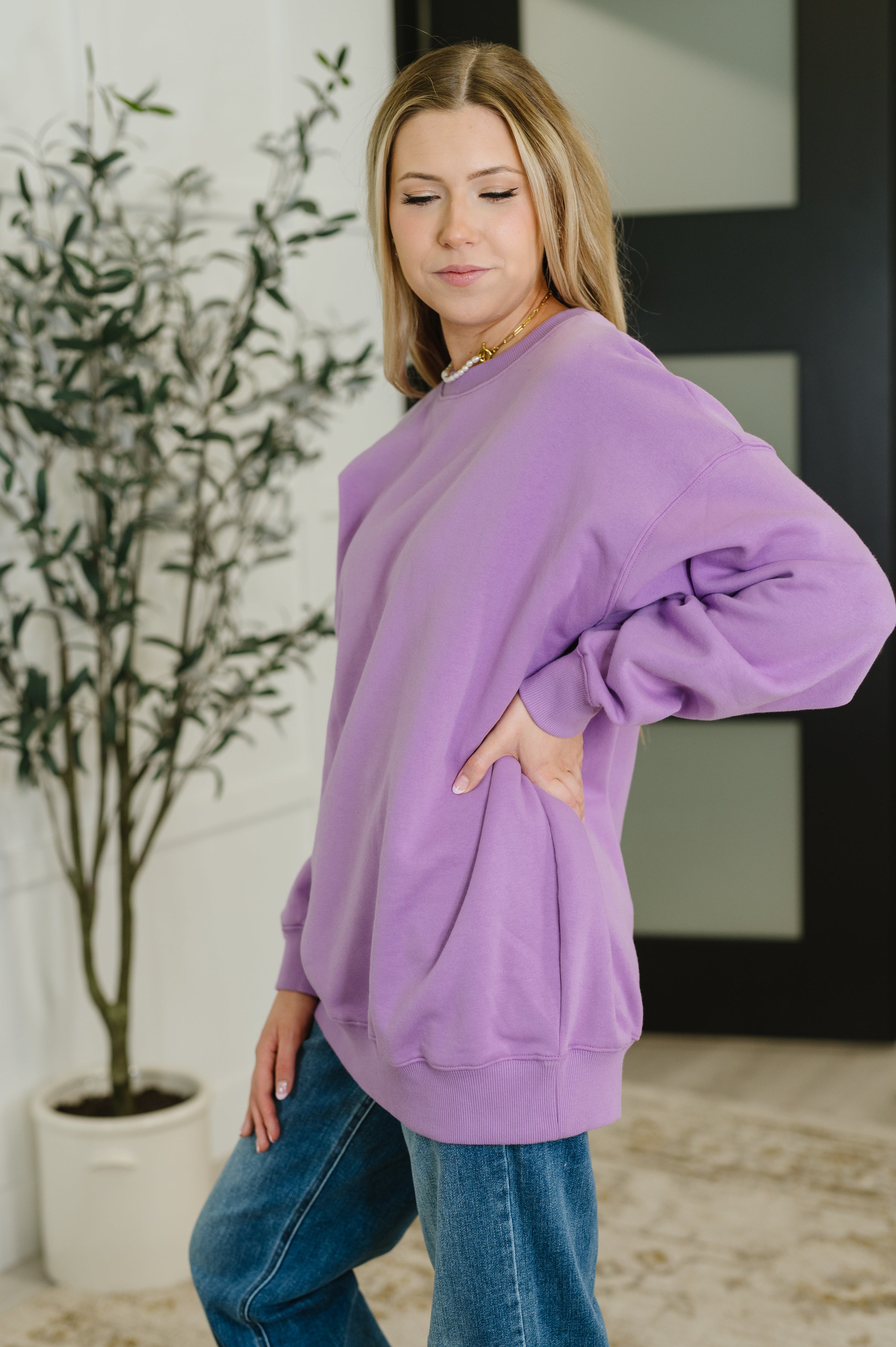 Zenana Sunday Snug Relaxed Pullover in Lavender Womens
