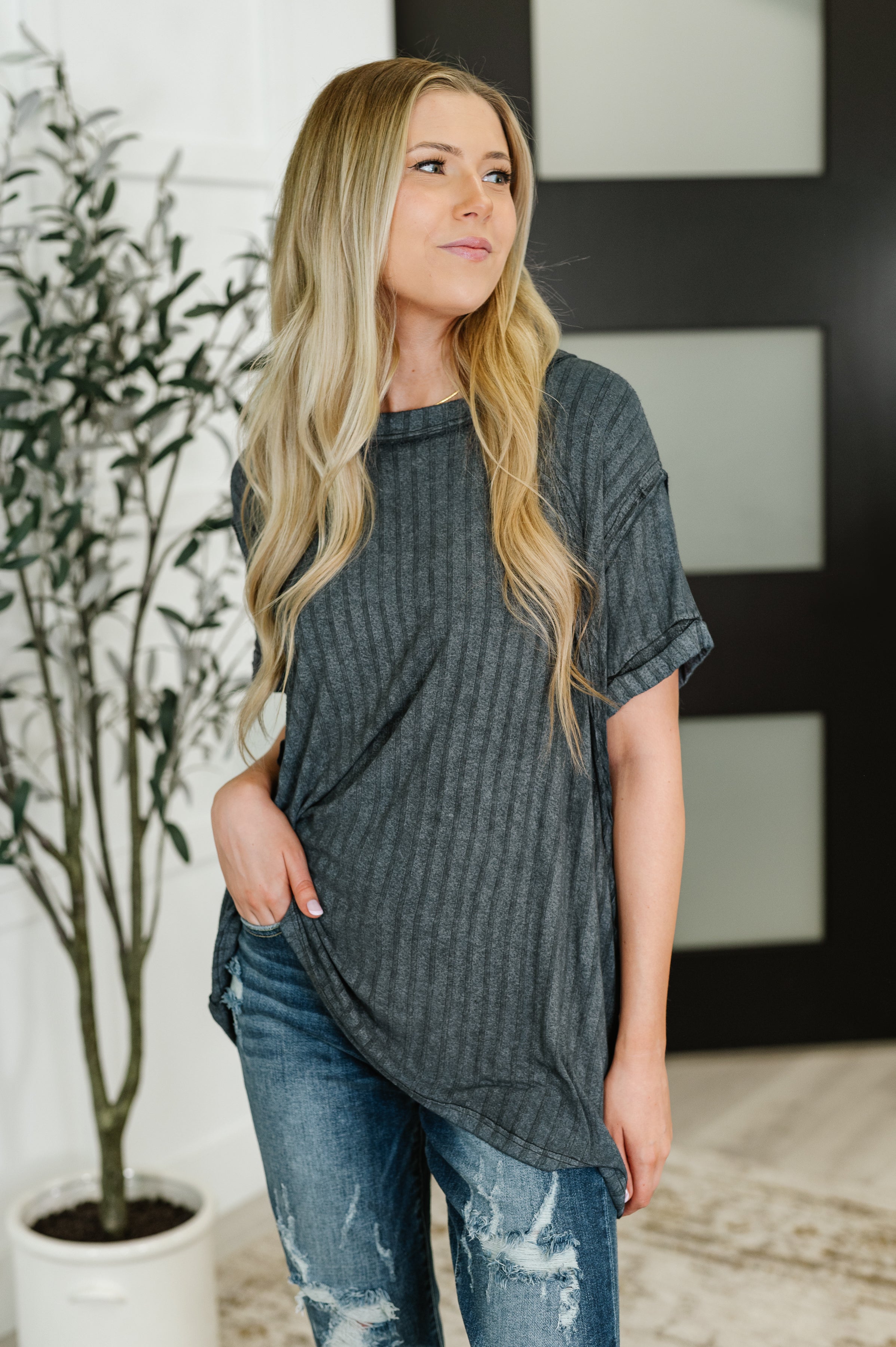 Zenana Sunday's Bestie Mineral Wash Top in Ash Black Womens