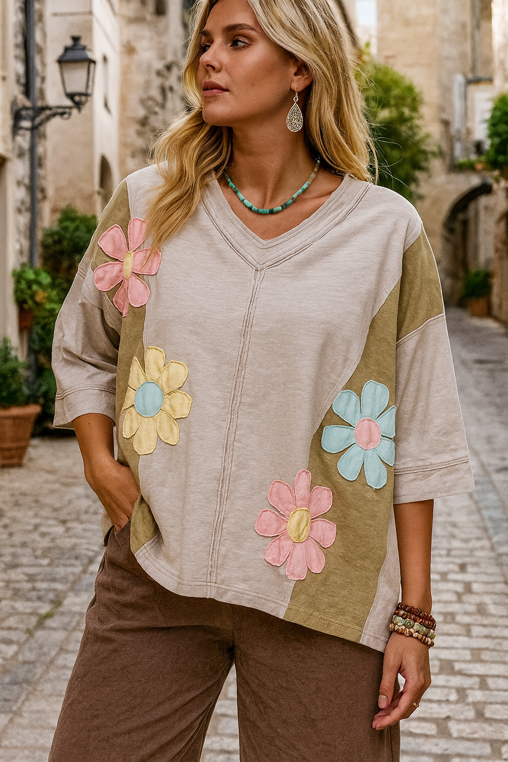 Preorder Vintage Floral Patch Color Block V-Neck T-Shirt