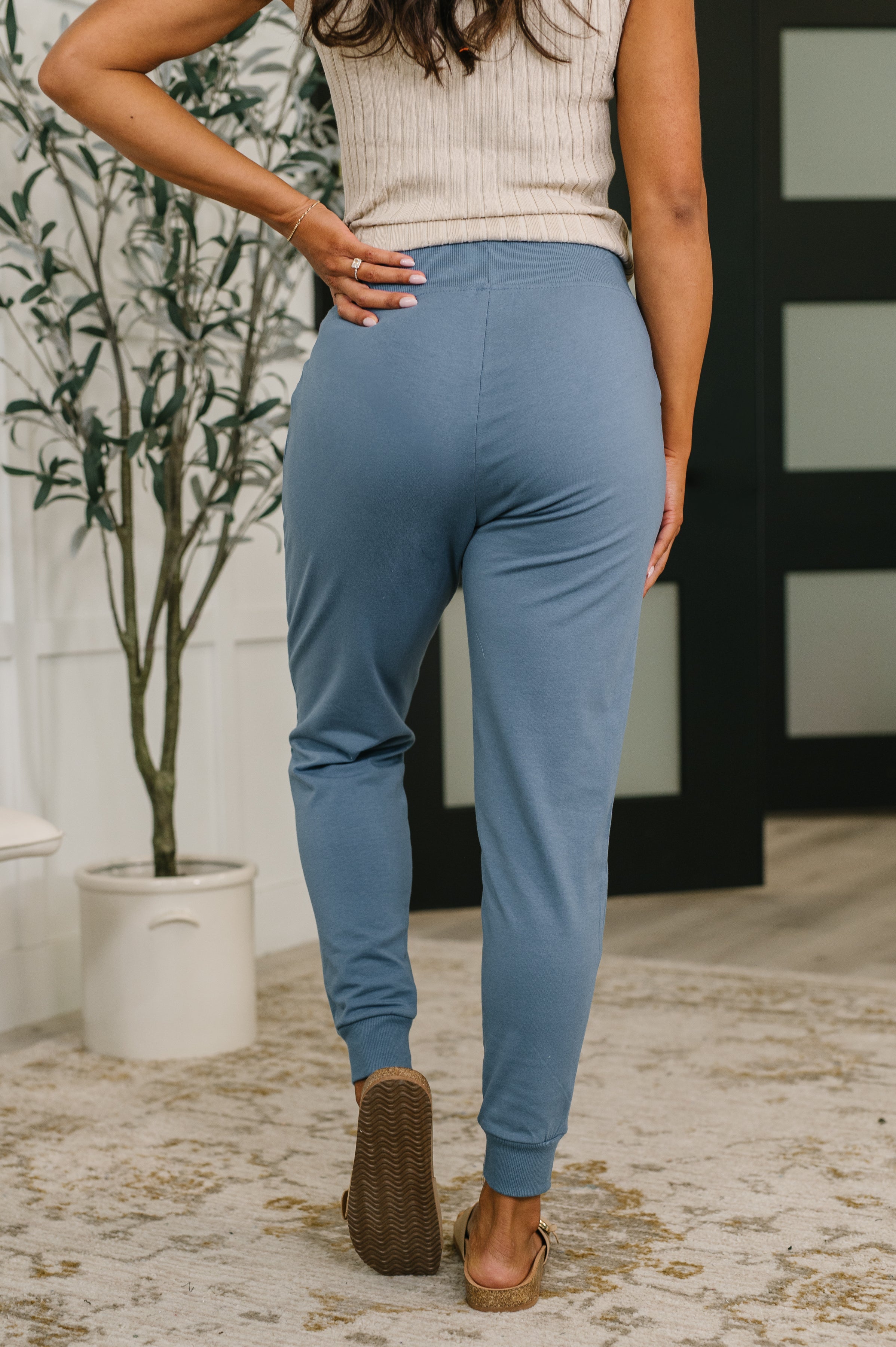 Zenana Sweat It High Waisted Joggers in Dusty Blue Womens