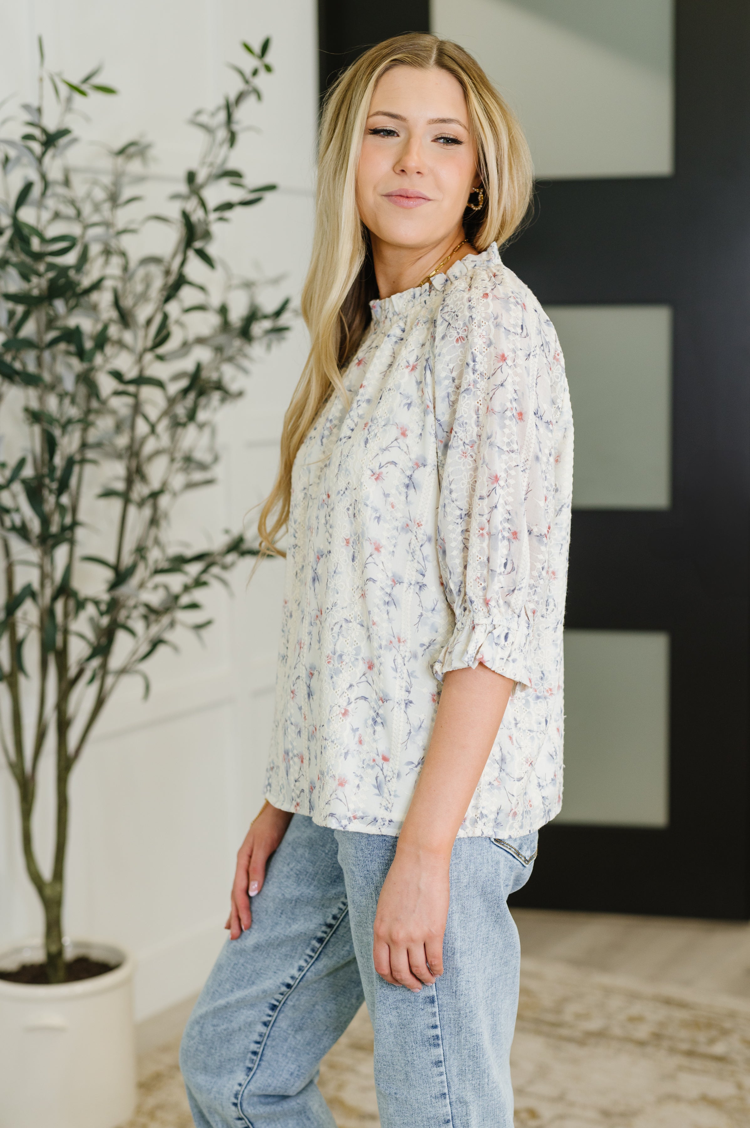 Lovelo Sweet Ruffle Affair High Neck Blouse in Blue Womens