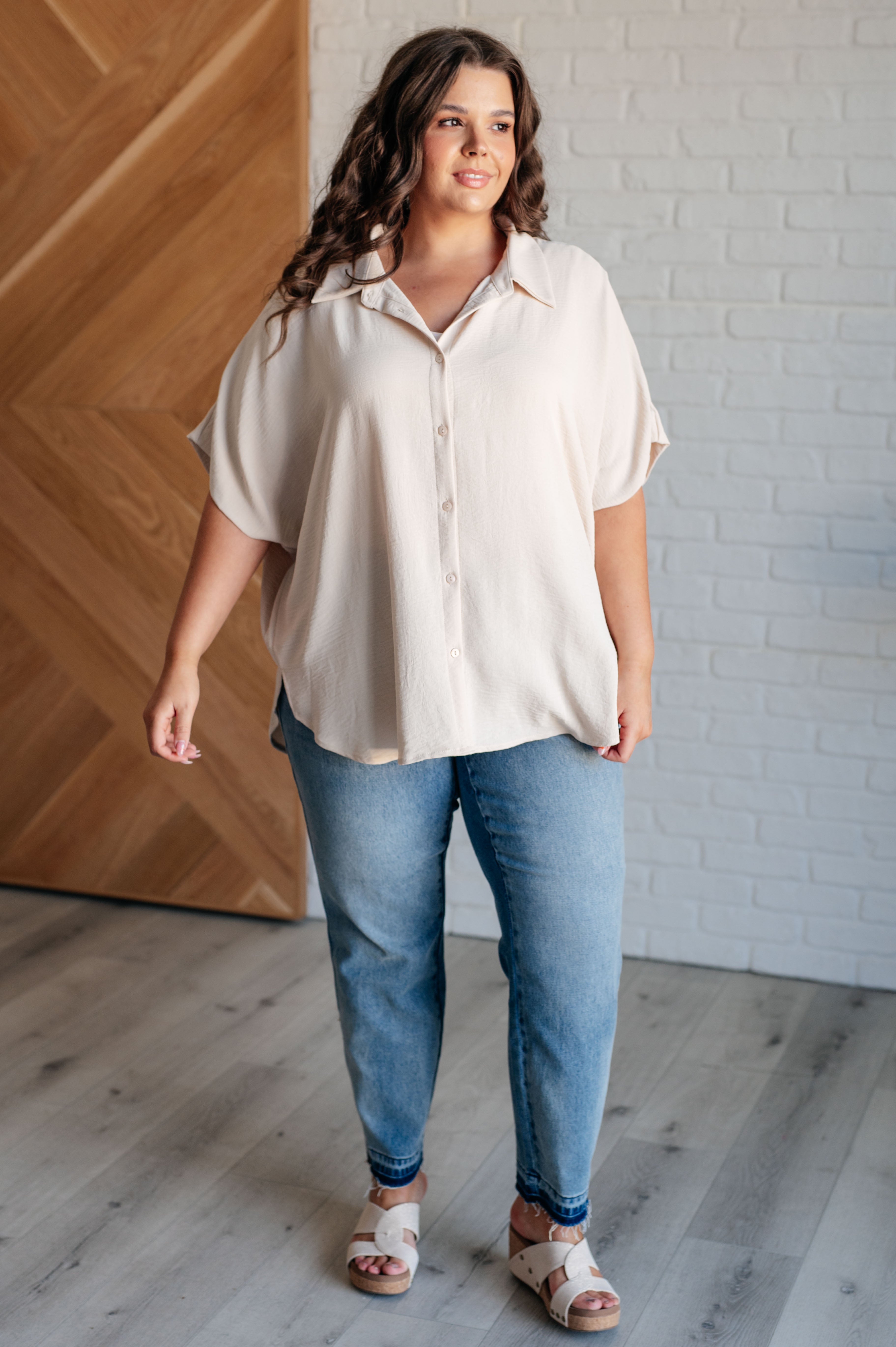 Jodifl Sweet Simplicity Button Down Blouse in Oatmeal Shirts & Tops