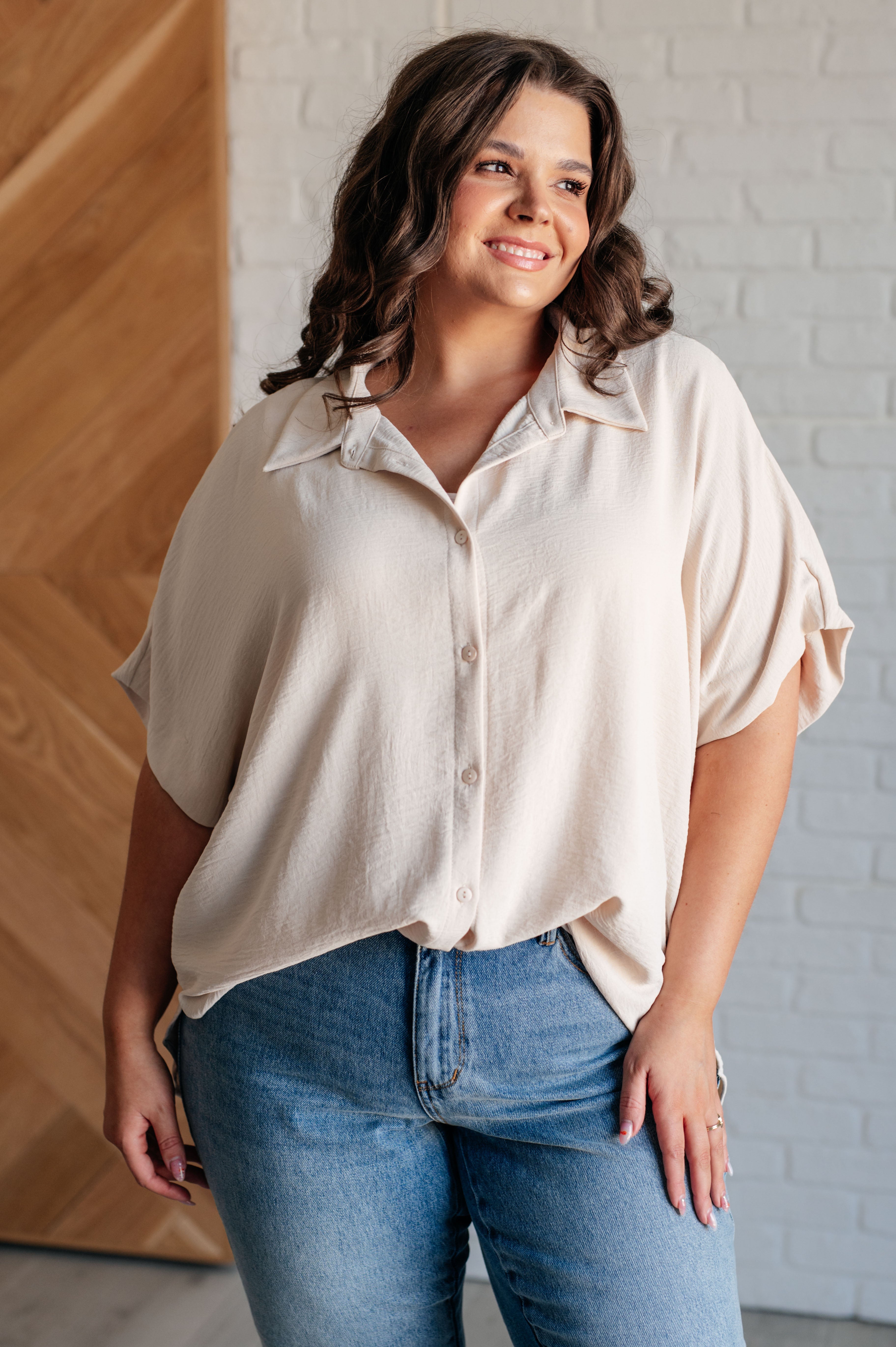 Jodifl Sweet Simplicity Button Down Blouse in Oatmeal Shirts & Tops
