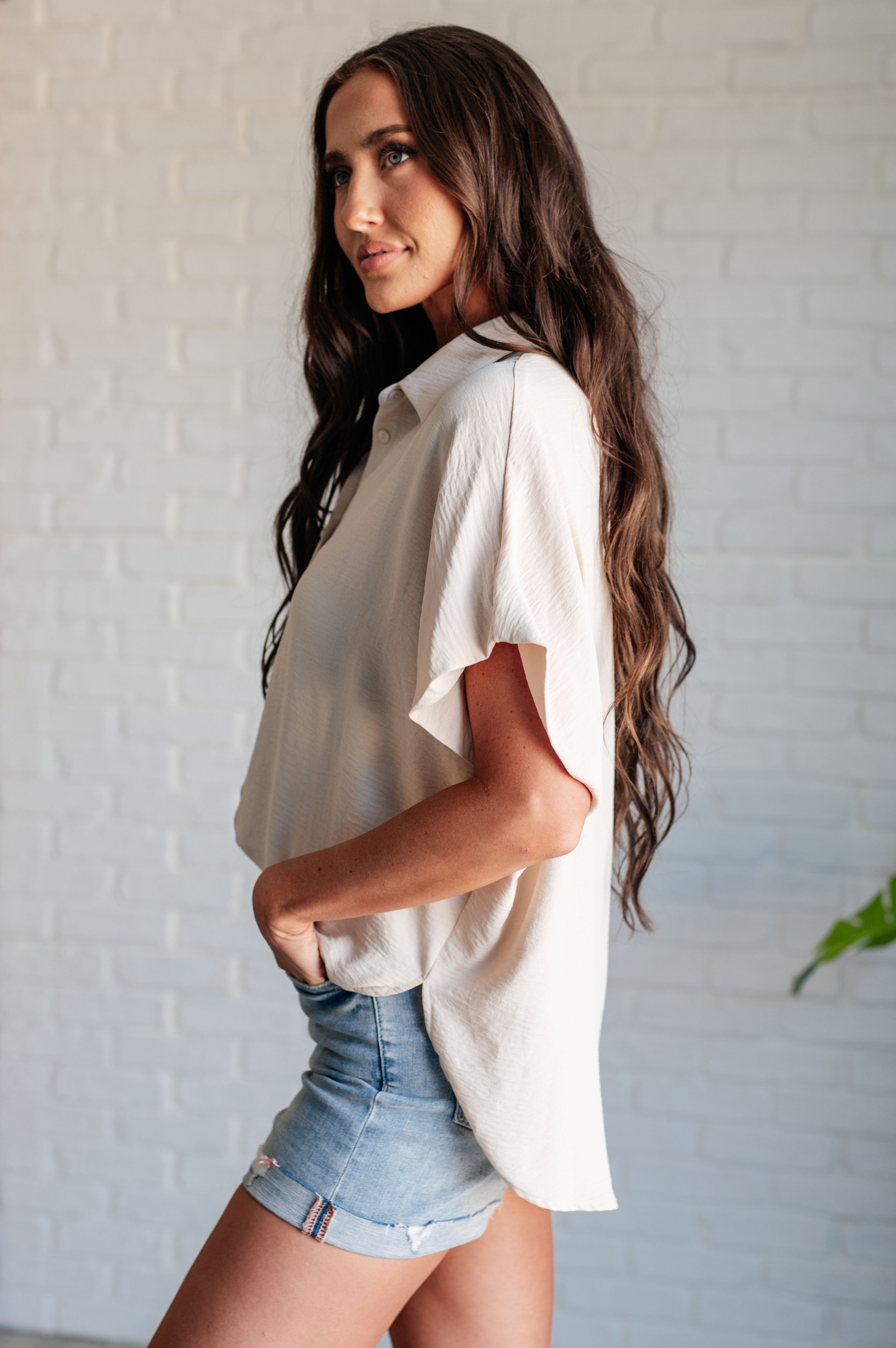 Jodifl Sweet Simplicity Button Down Blouse in Oatmeal Shirts & Tops
