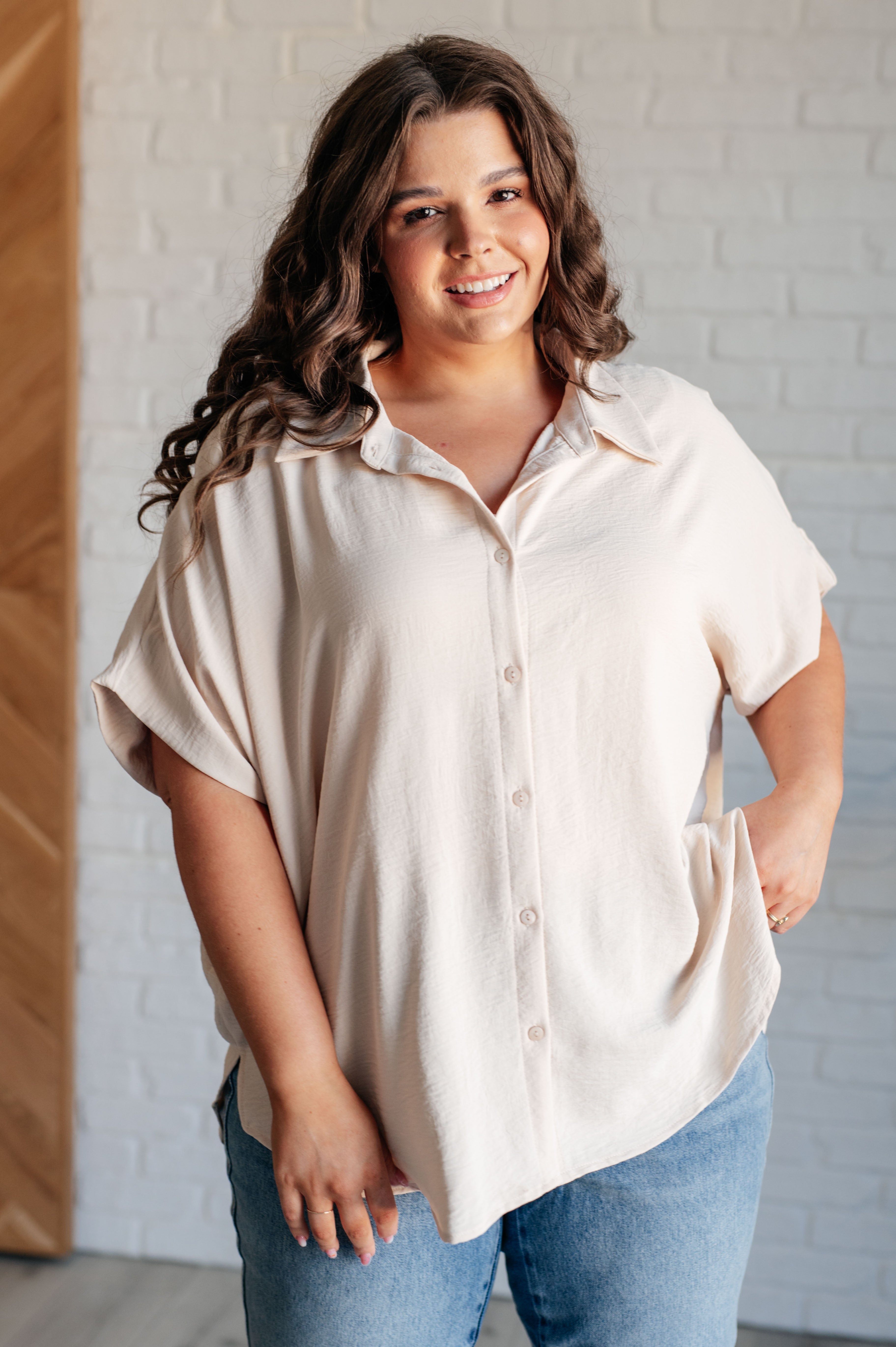 Jodifl Sweet Simplicity Button Down Blouse in Oatmeal Shirts & Tops
