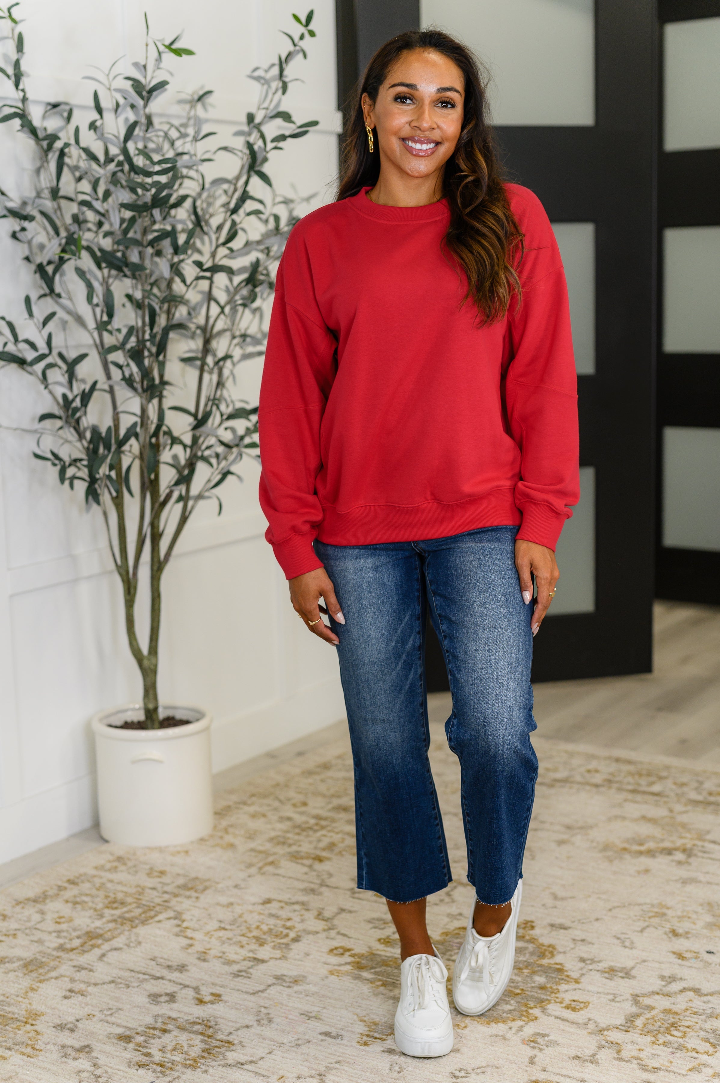 Rae Mode Sweet with a Side Eye Drop Shoulder Pullover in True Red Womens