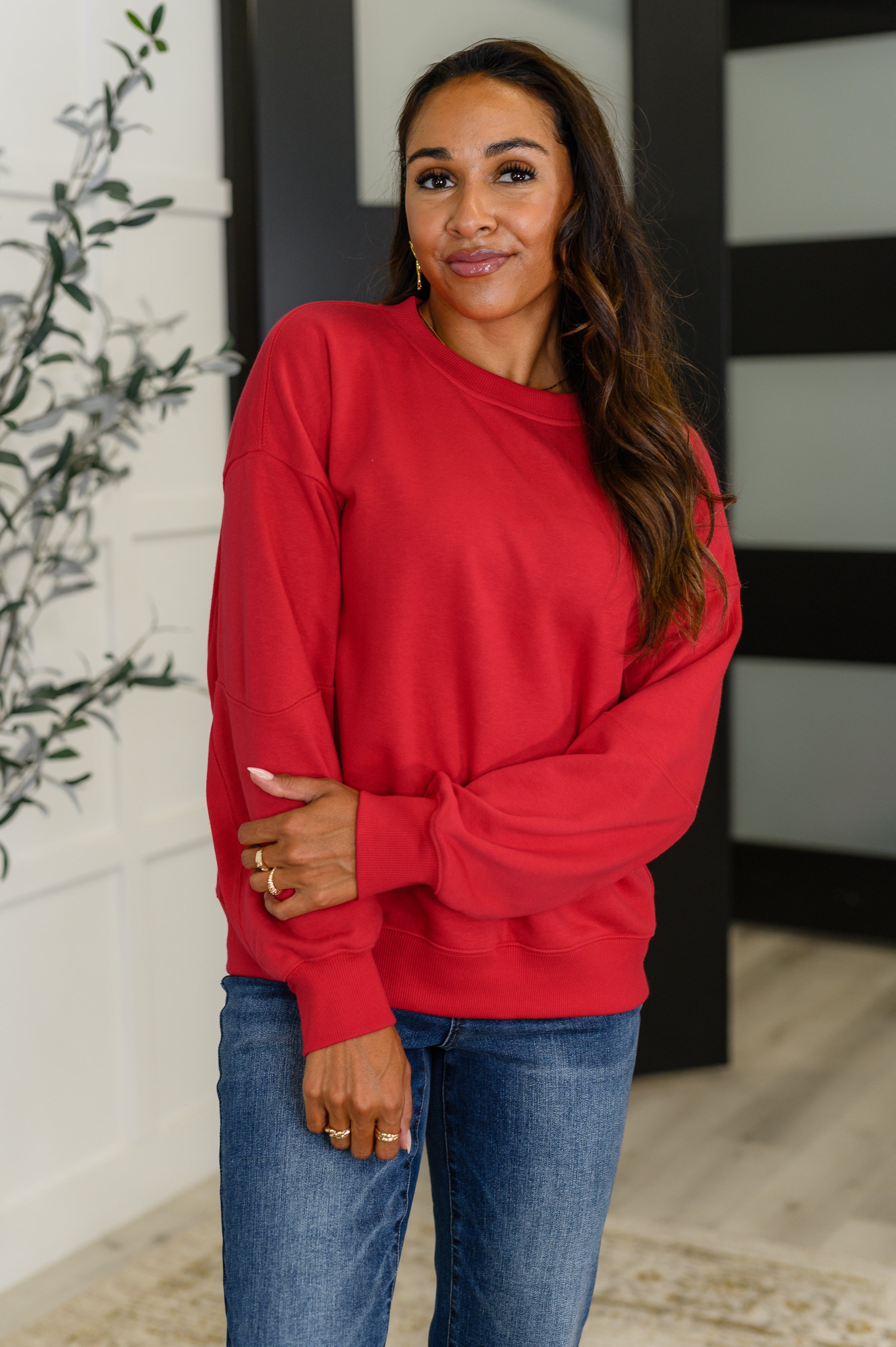 Rae Mode Sweet with a Side Eye Drop Shoulder Pullover in True Red Womens