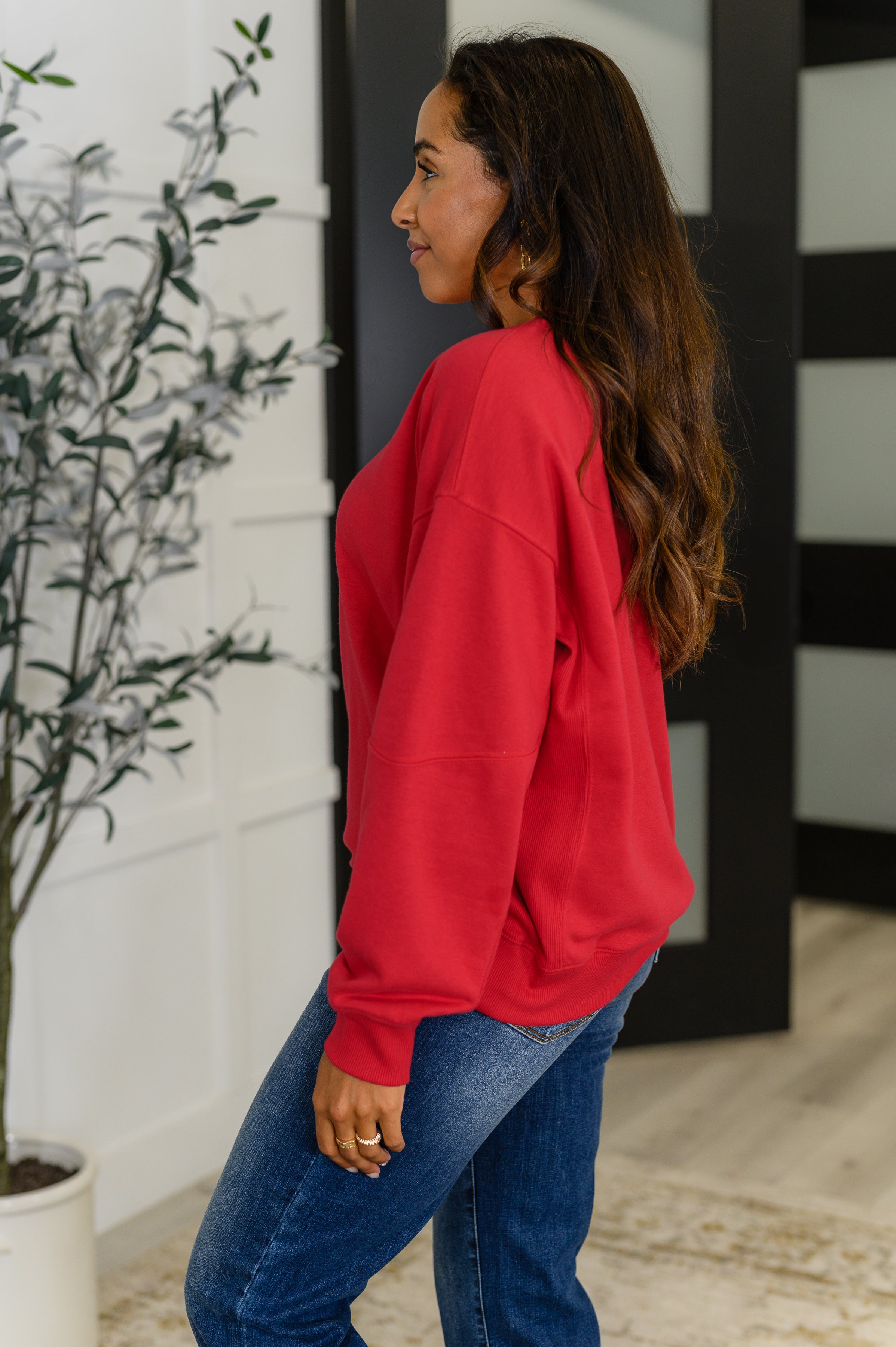 Rae Mode Sweet with a Side Eye Drop Shoulder Pullover in True Red Womens
