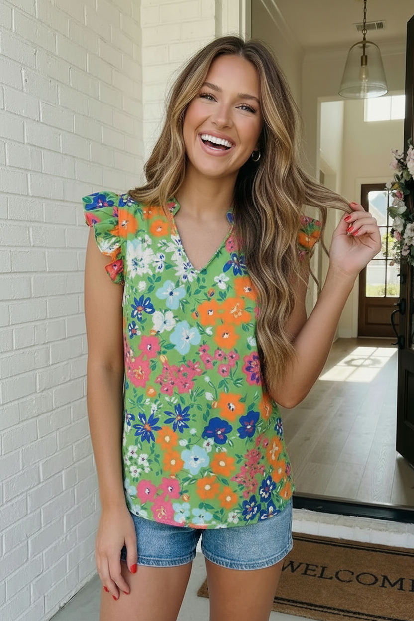 First Love Garden Party Green Floral Ruffle Sleeve Blouse