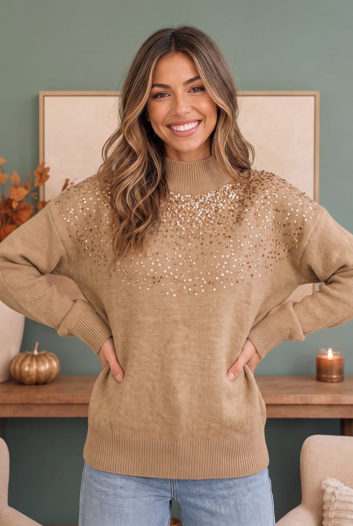 Gilded Warmth Sequin Mock Neck Sweater Sweaters