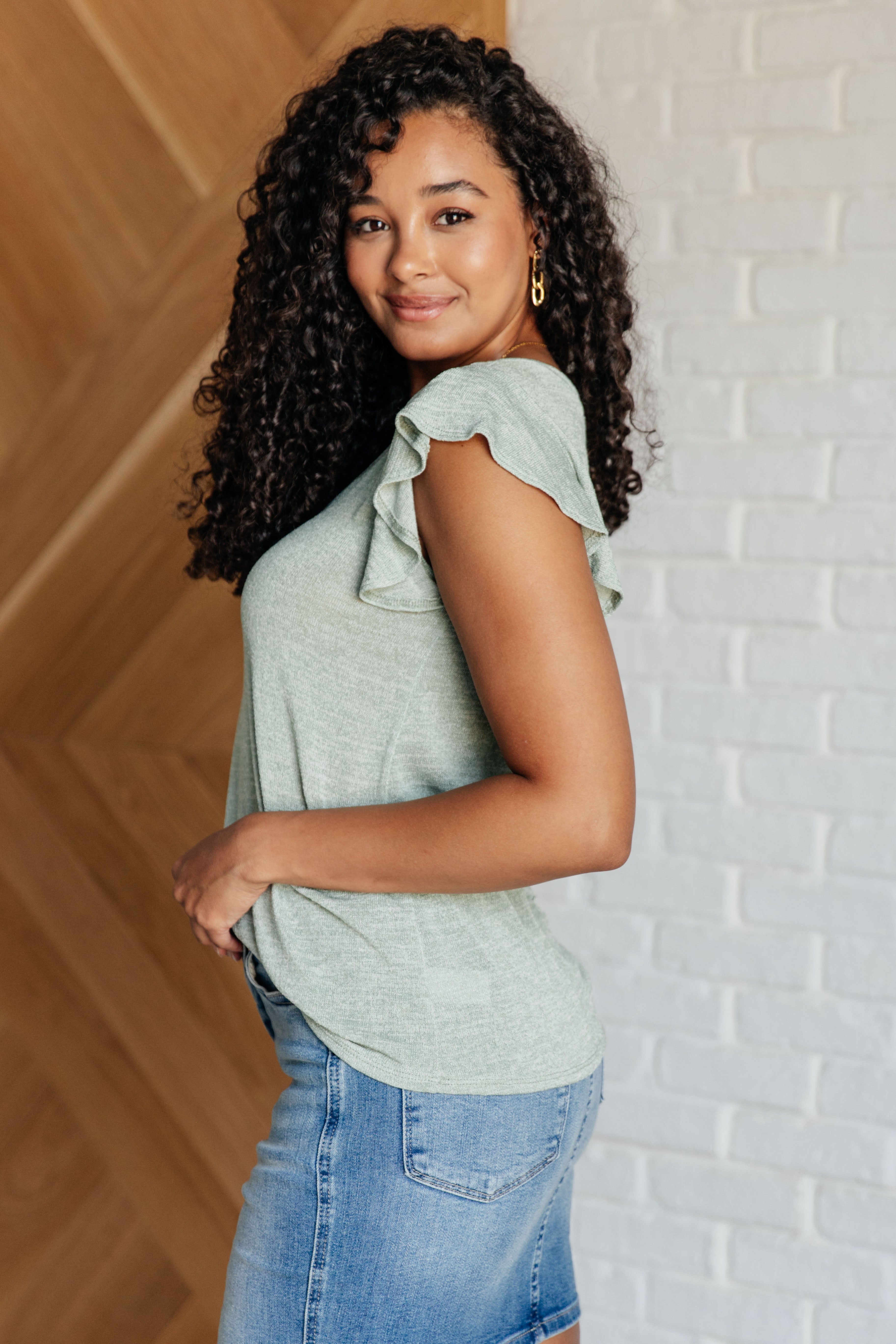 Haptics Take It In Flutter Sleeve Sage Top Tops