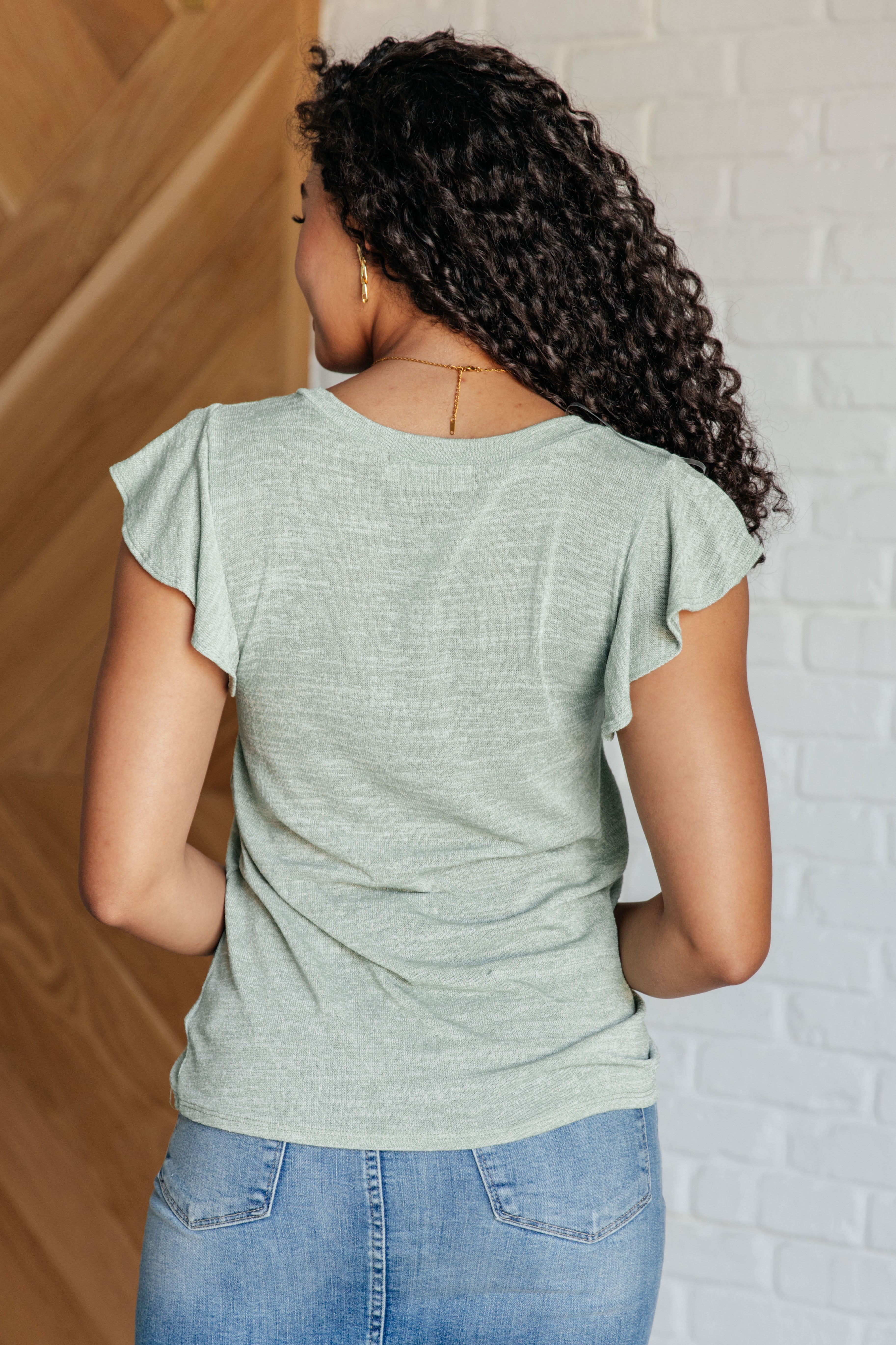 Haptics Take It In Flutter Sleeve Sage Top Tops