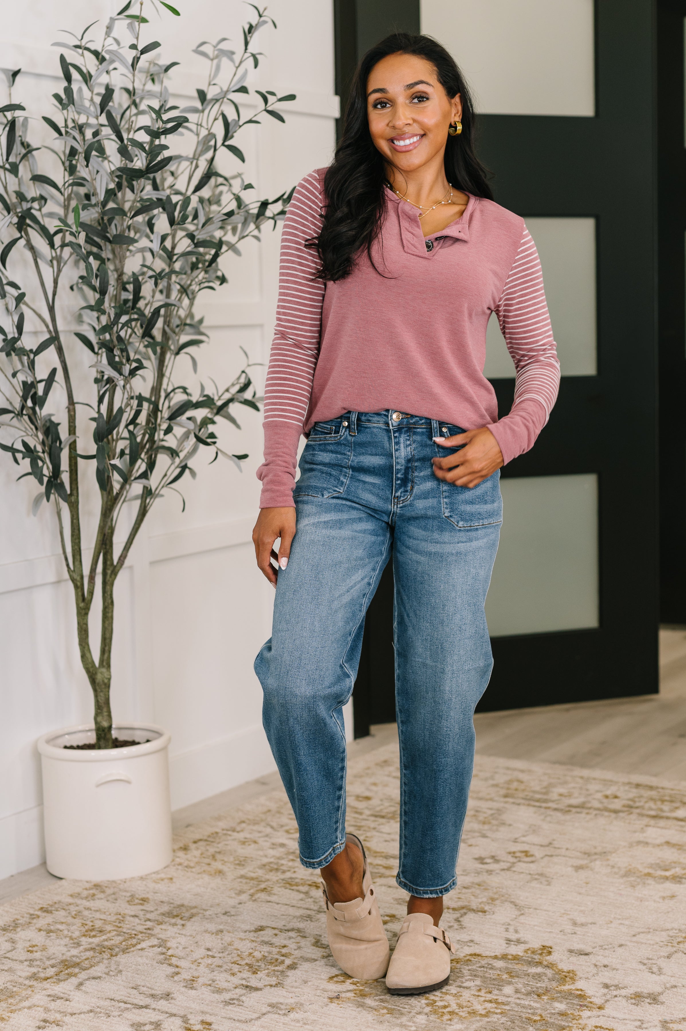 7th Ray Talk to Me Long Sleeve Henley in Vintage Marsala Womens