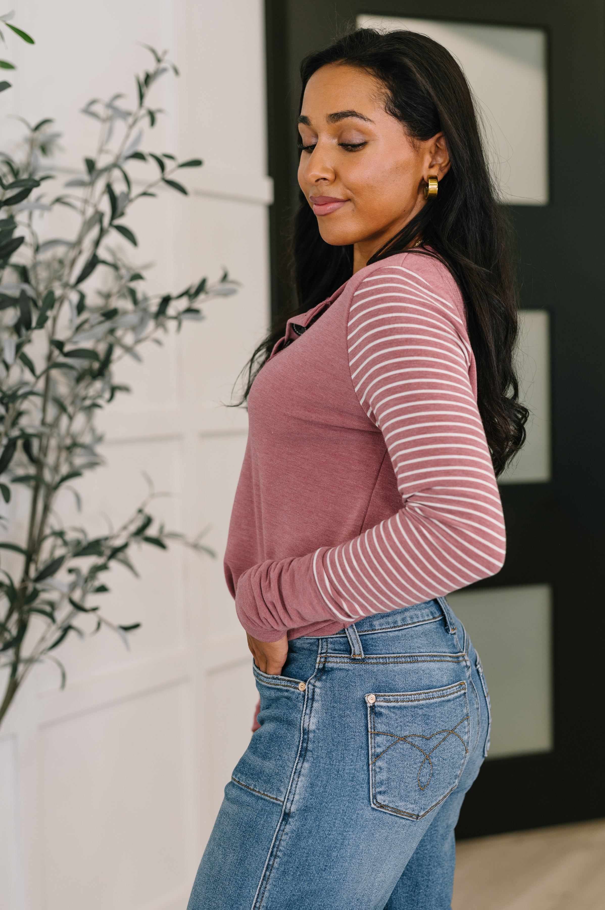 7th Ray Talk to Me Long Sleeve Henley in Vintage Marsala Womens