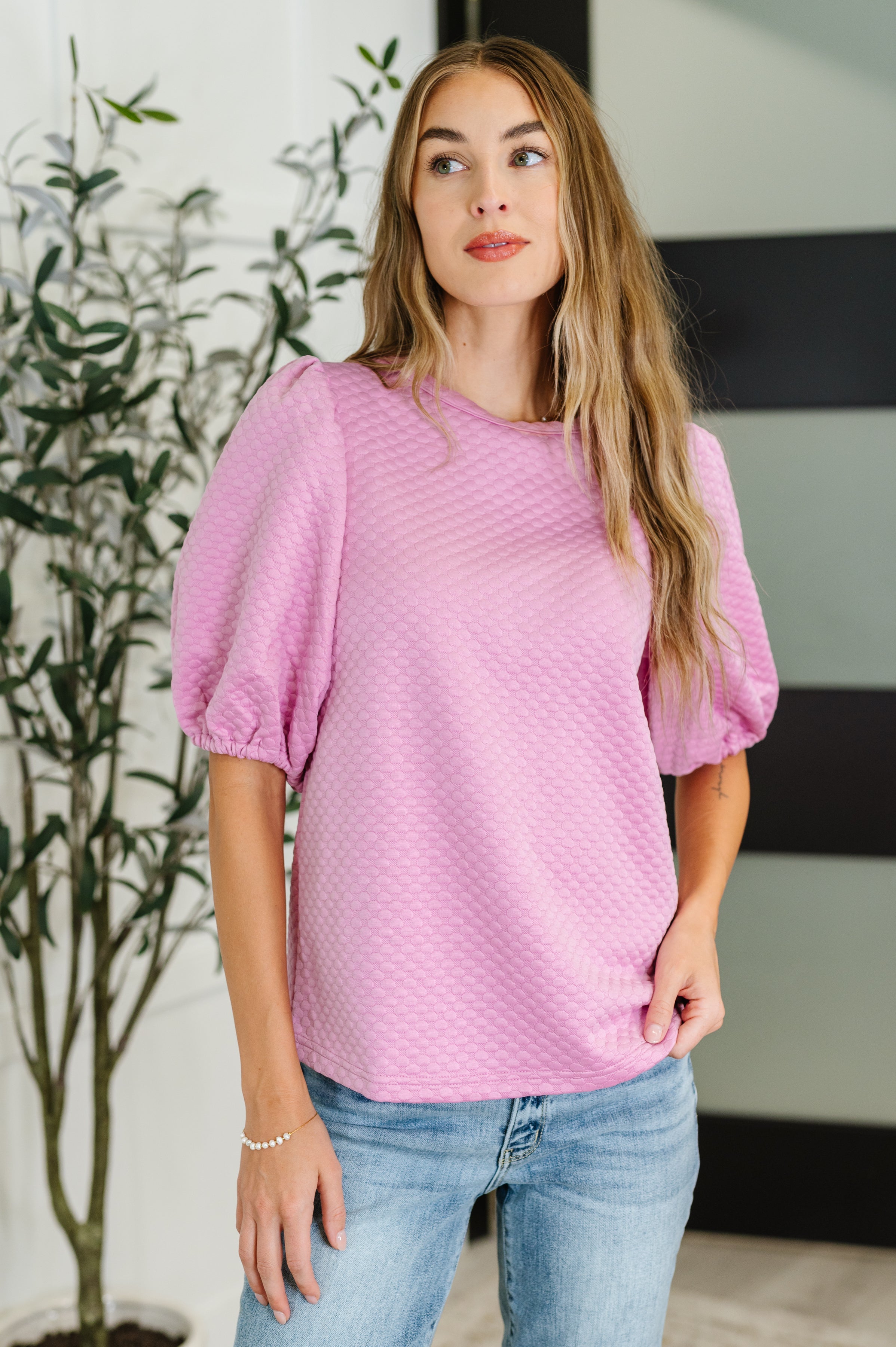 One Eleven North Textured Balloon Sleeve Blouse in Pink Womens