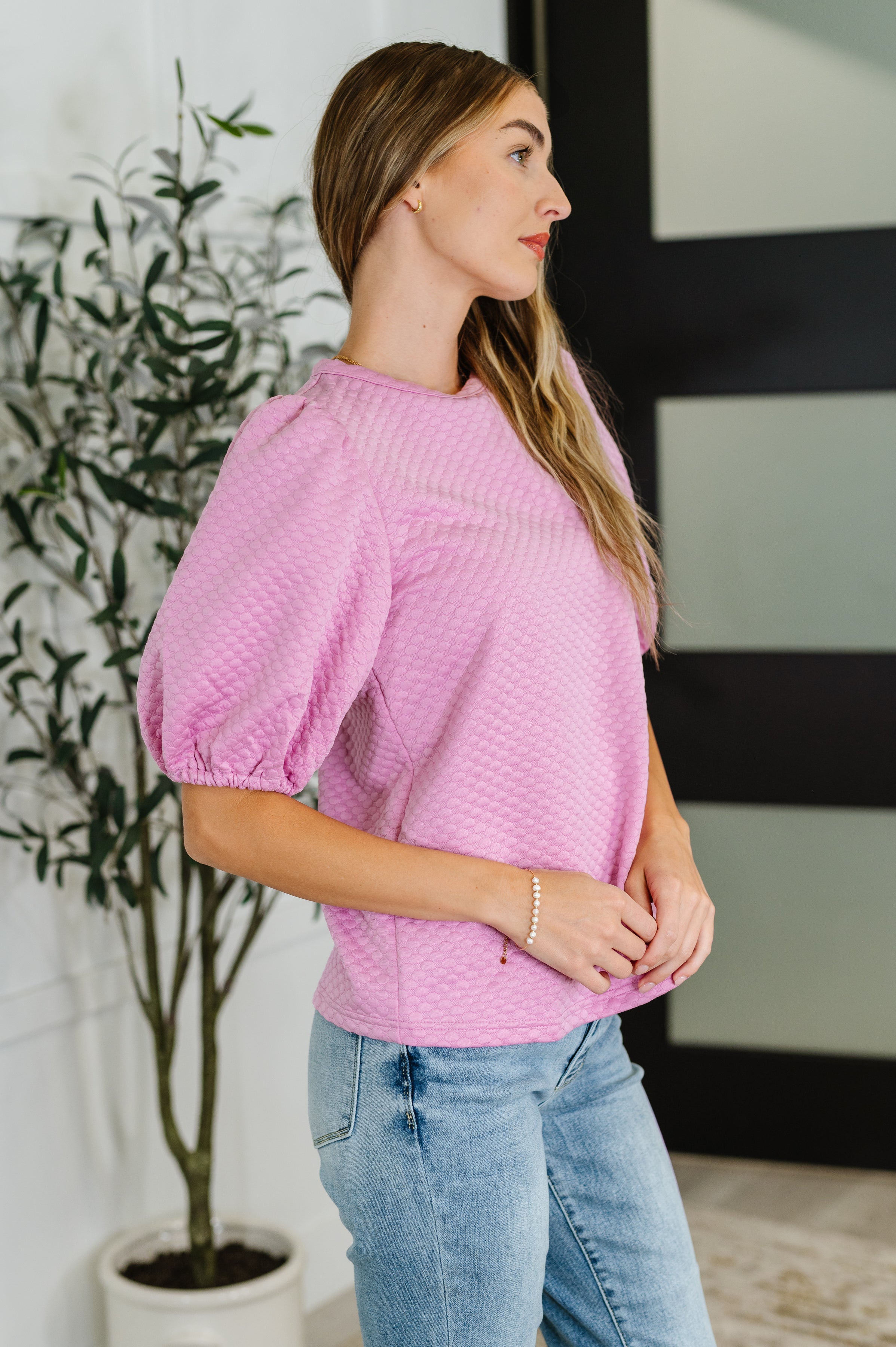 One Eleven North Textured Balloon Sleeve Blouse in Pink Womens