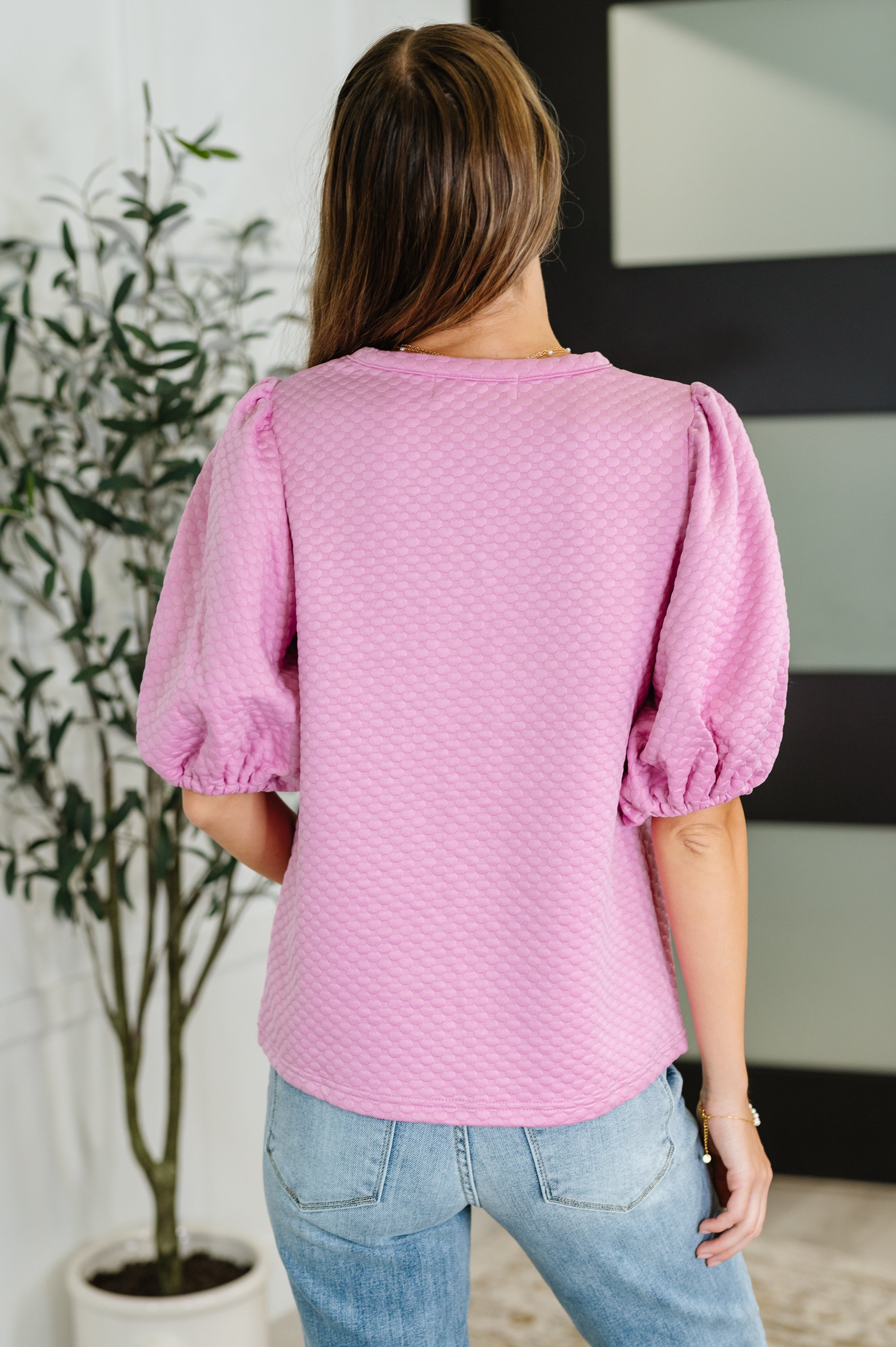 One Eleven North Textured Balloon Sleeve Blouse in Pink Womens