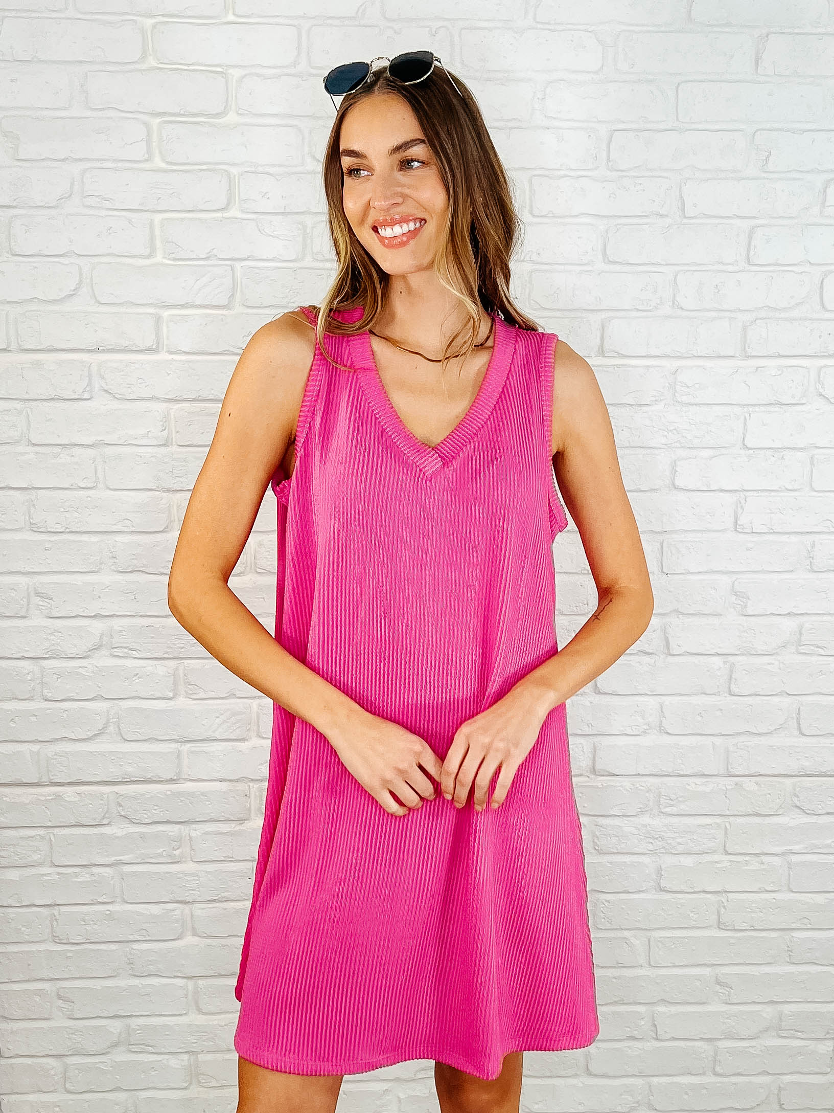 Andree by Unit The Power I Hold V-Neck Ribbed Knit Dress in Fuchsia Womens