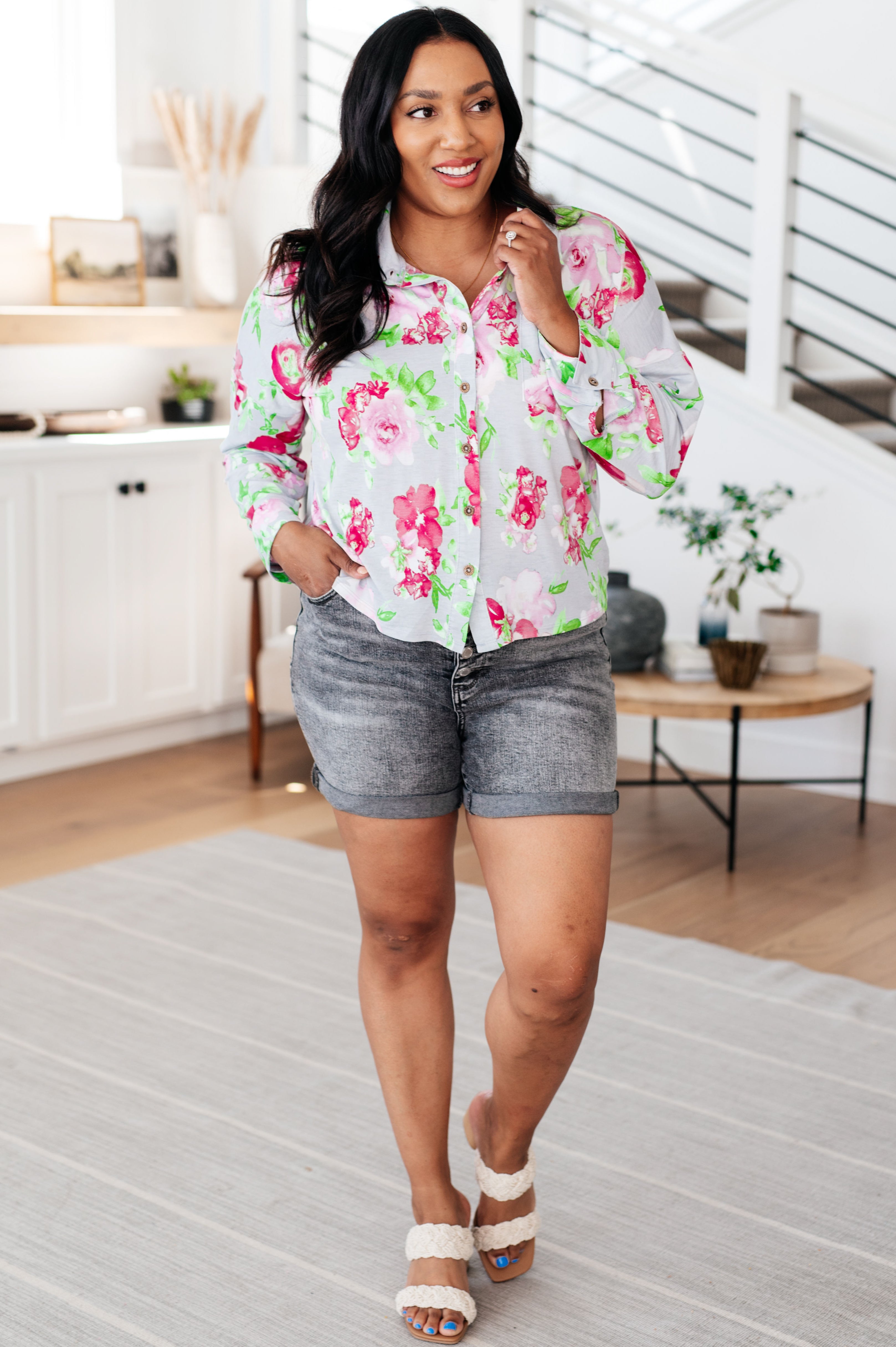 Sew In Love Thinking On It Open Back Floral Button Down Blouse Tops