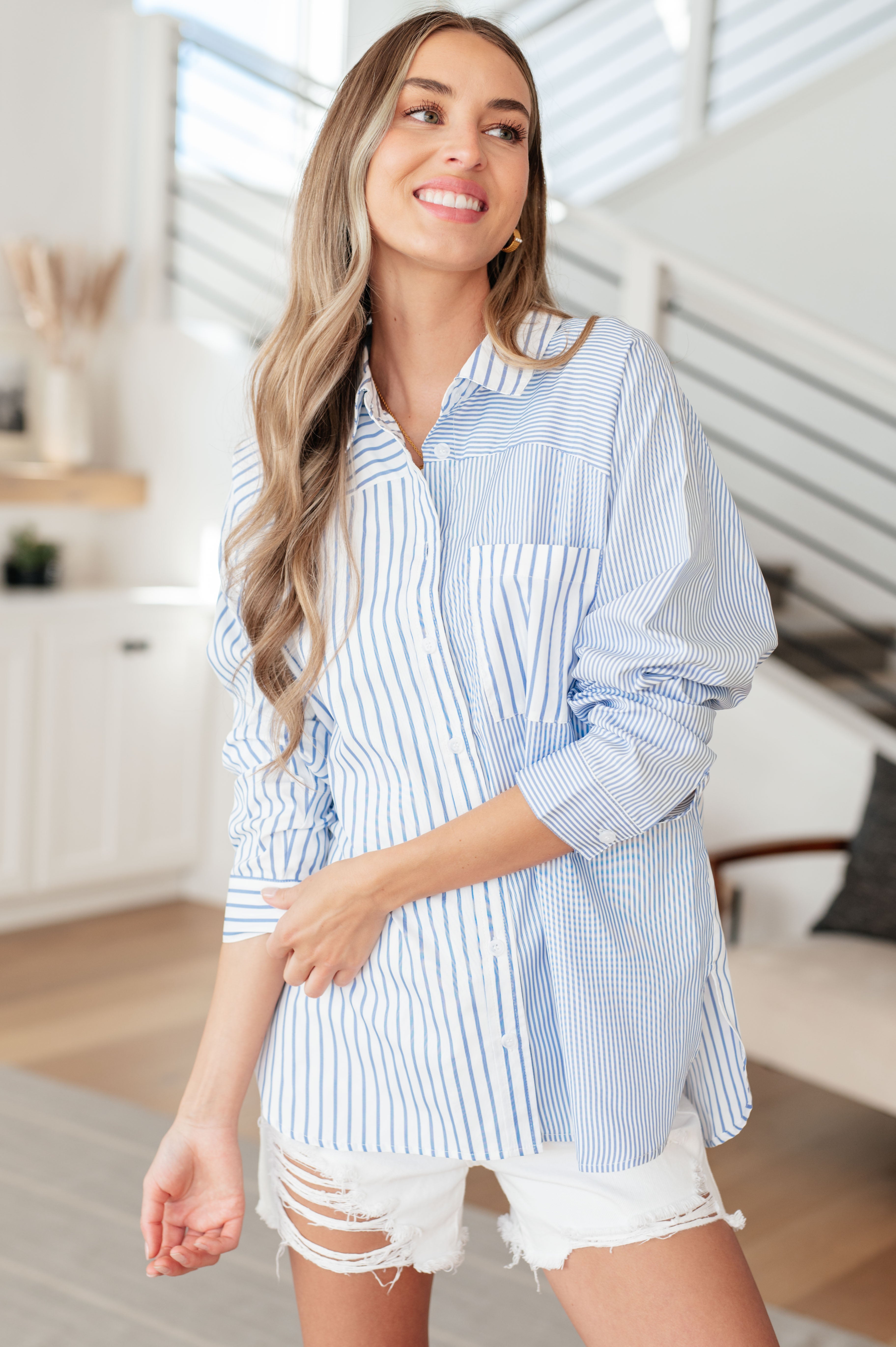 Jodifl This or That Striped Button Down Shirts & Tops