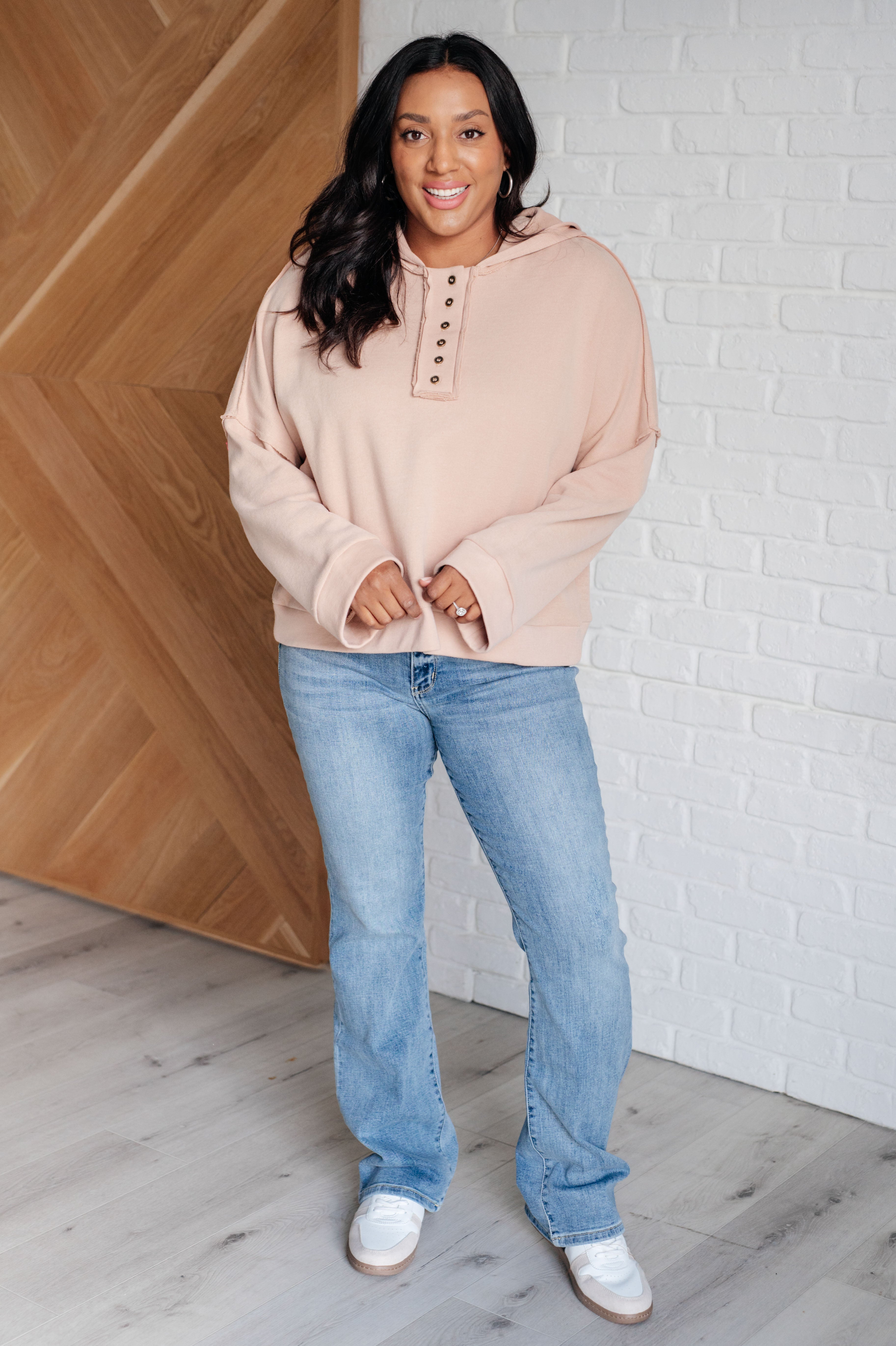 One Eleven North Throwback Heartthrob Hoodie in Beige Tops