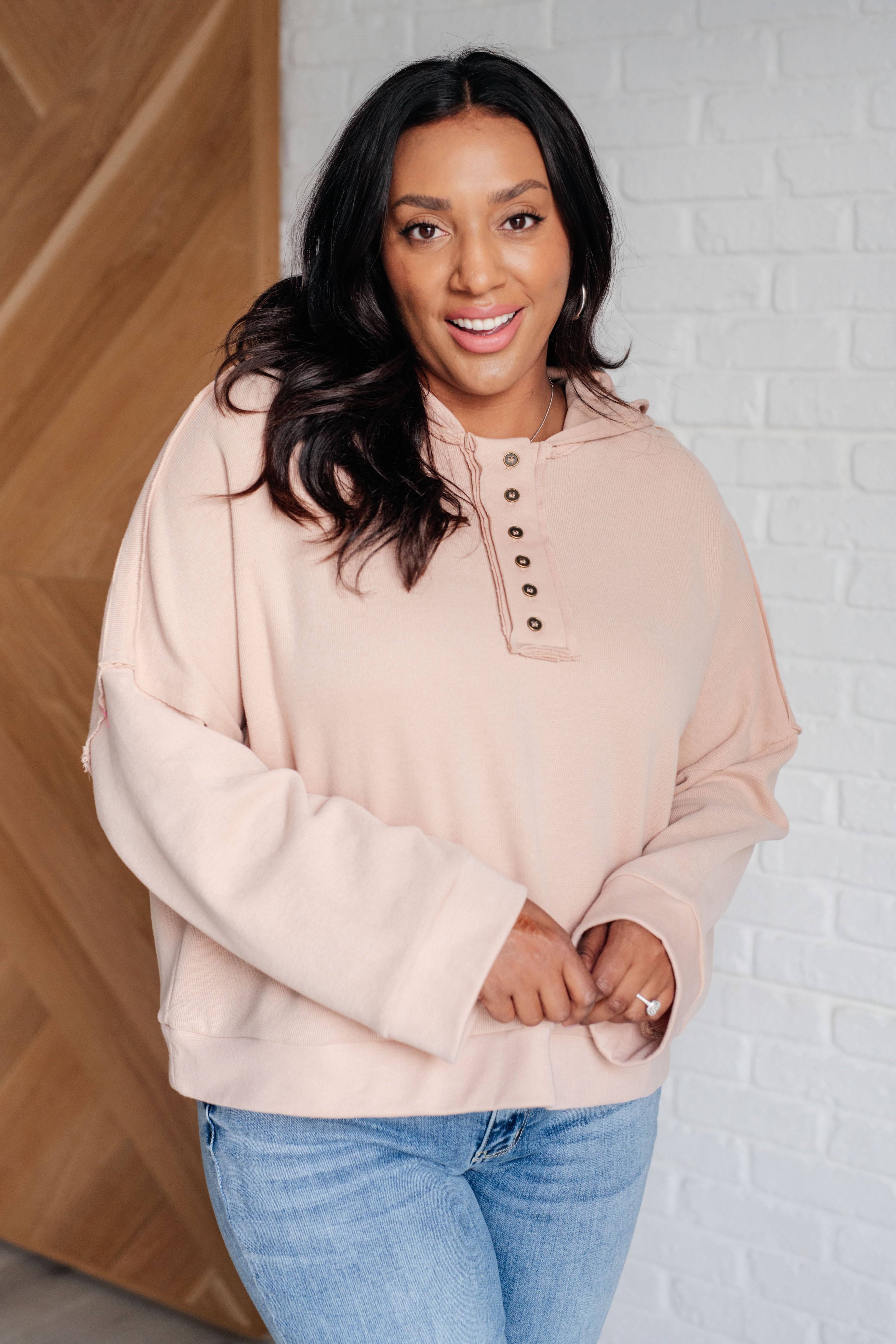 One Eleven North Throwback Heartthrob Hoodie in Beige Tops