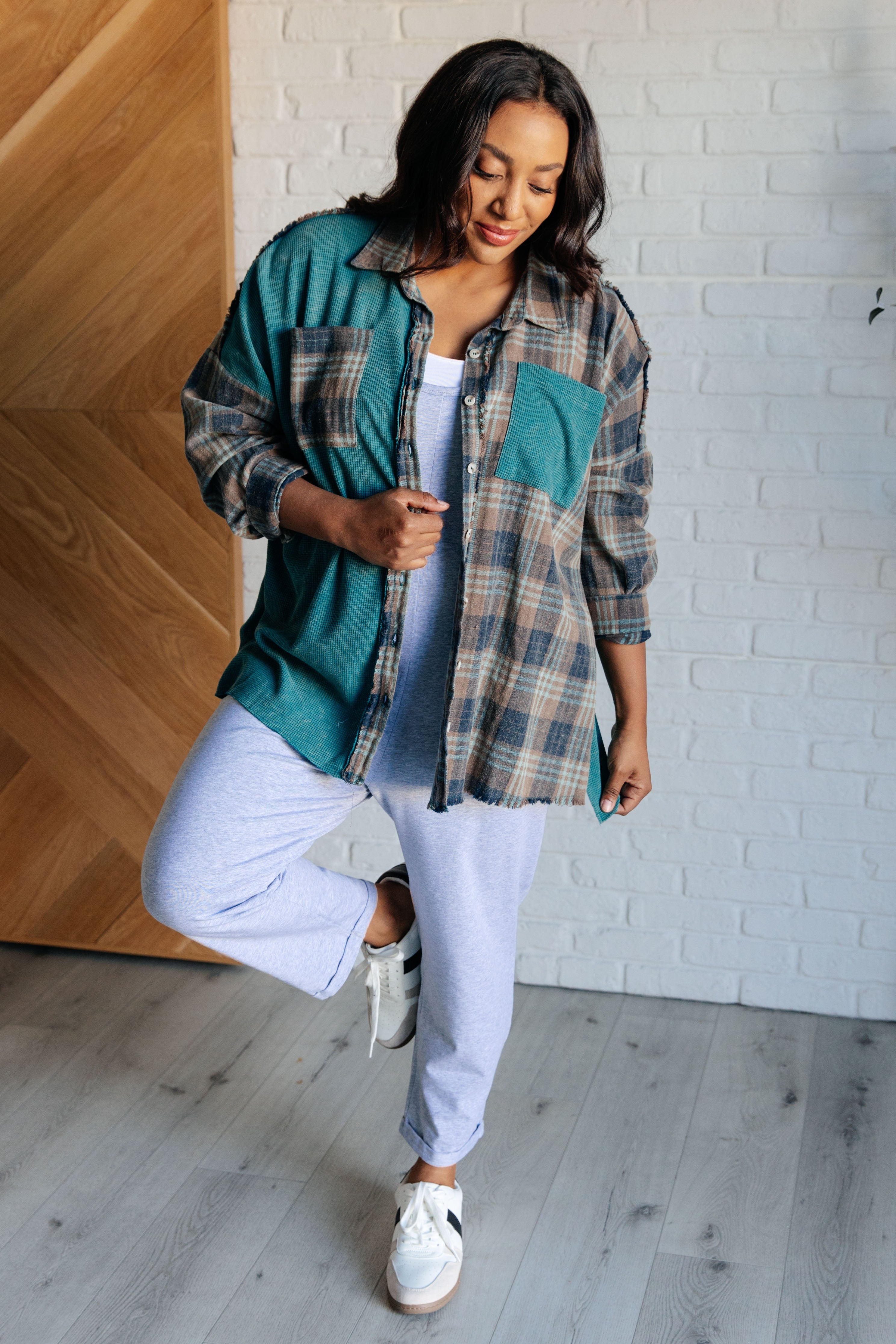 White Birch Tied for Time Thermal Waffle Knit Flannel Plaid Button Up Tops