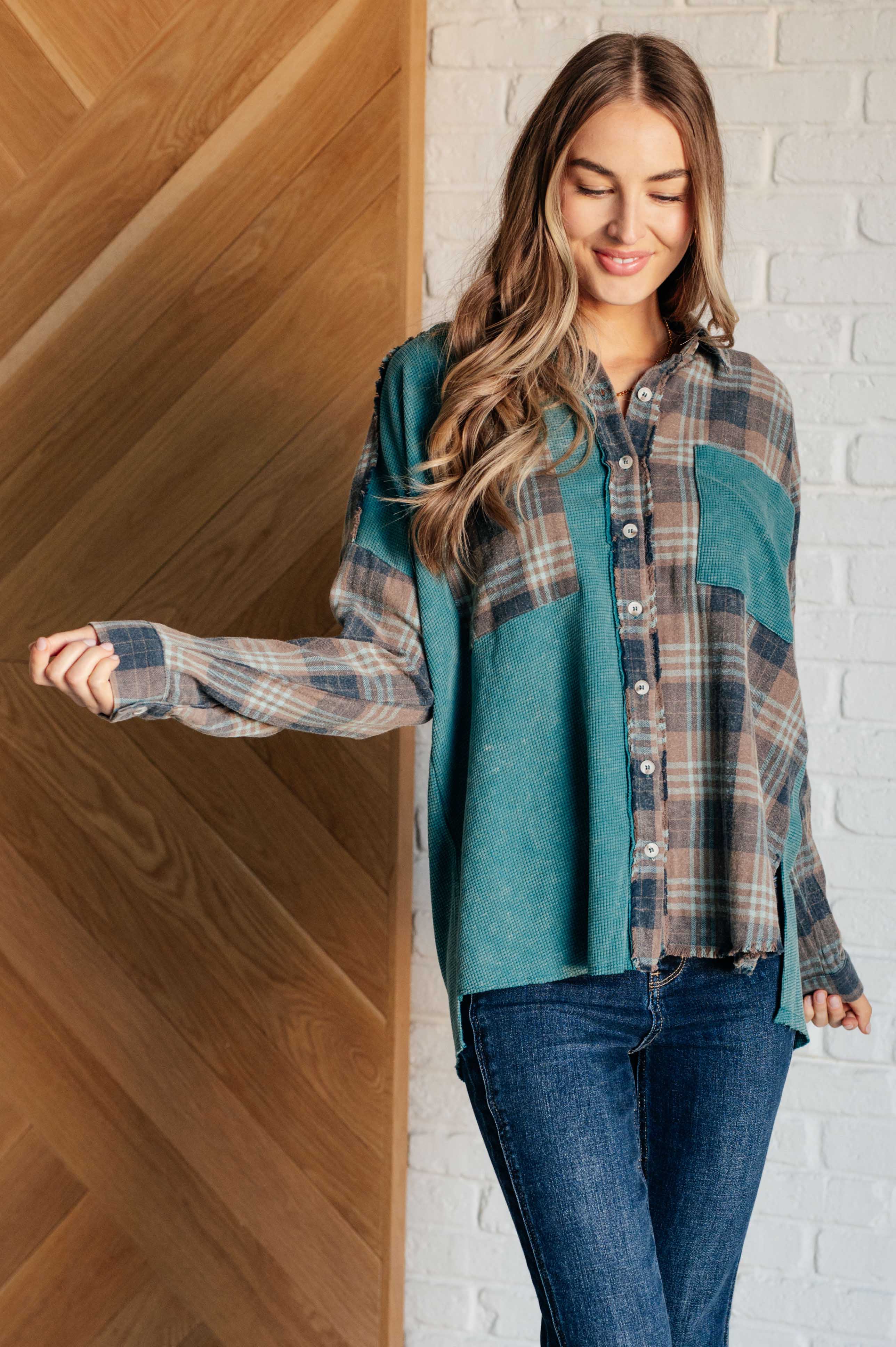 White Birch Tied for Time Thermal Waffle Knit Flannel Plaid Button Up Tops