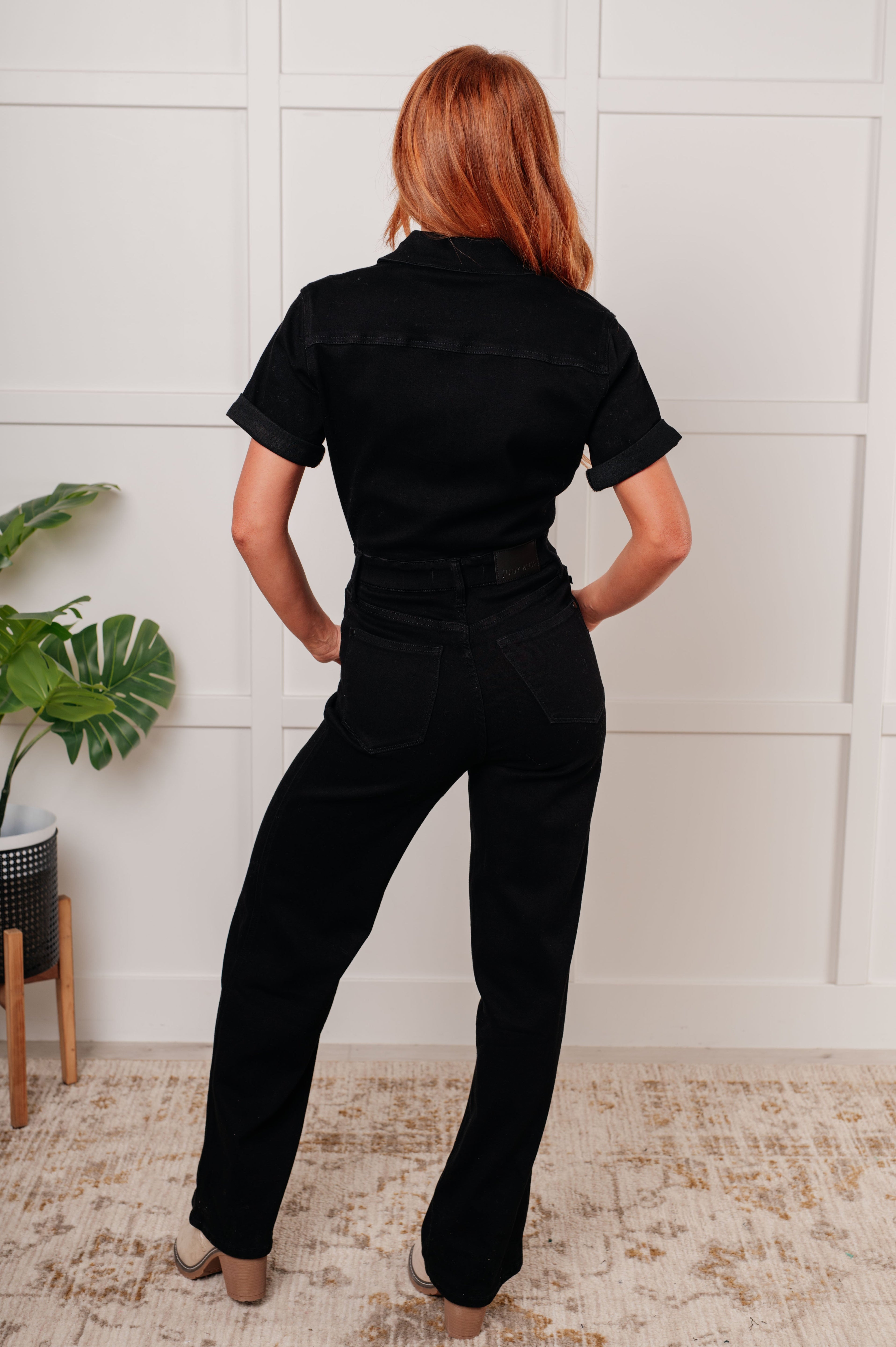 Judy Blue Tilda Short Sleeve Control Top Denim Black Jumpsuit Jeans