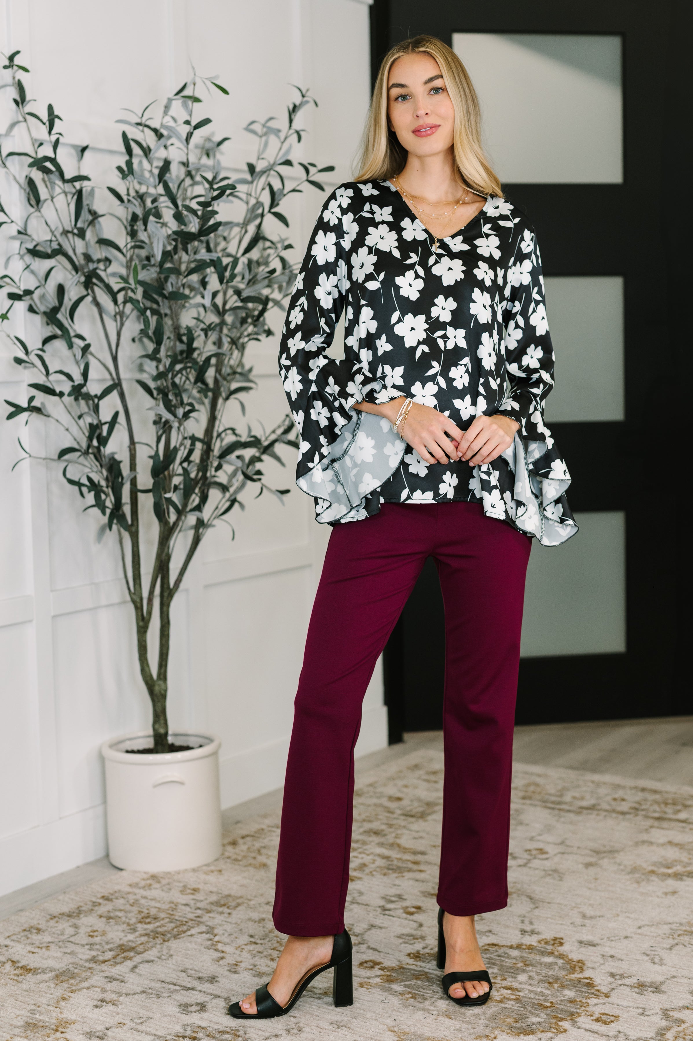 Haptics Black & White Time and Time Again Front Ribbon Tie Detail Floral Babydoll Blouse Womens